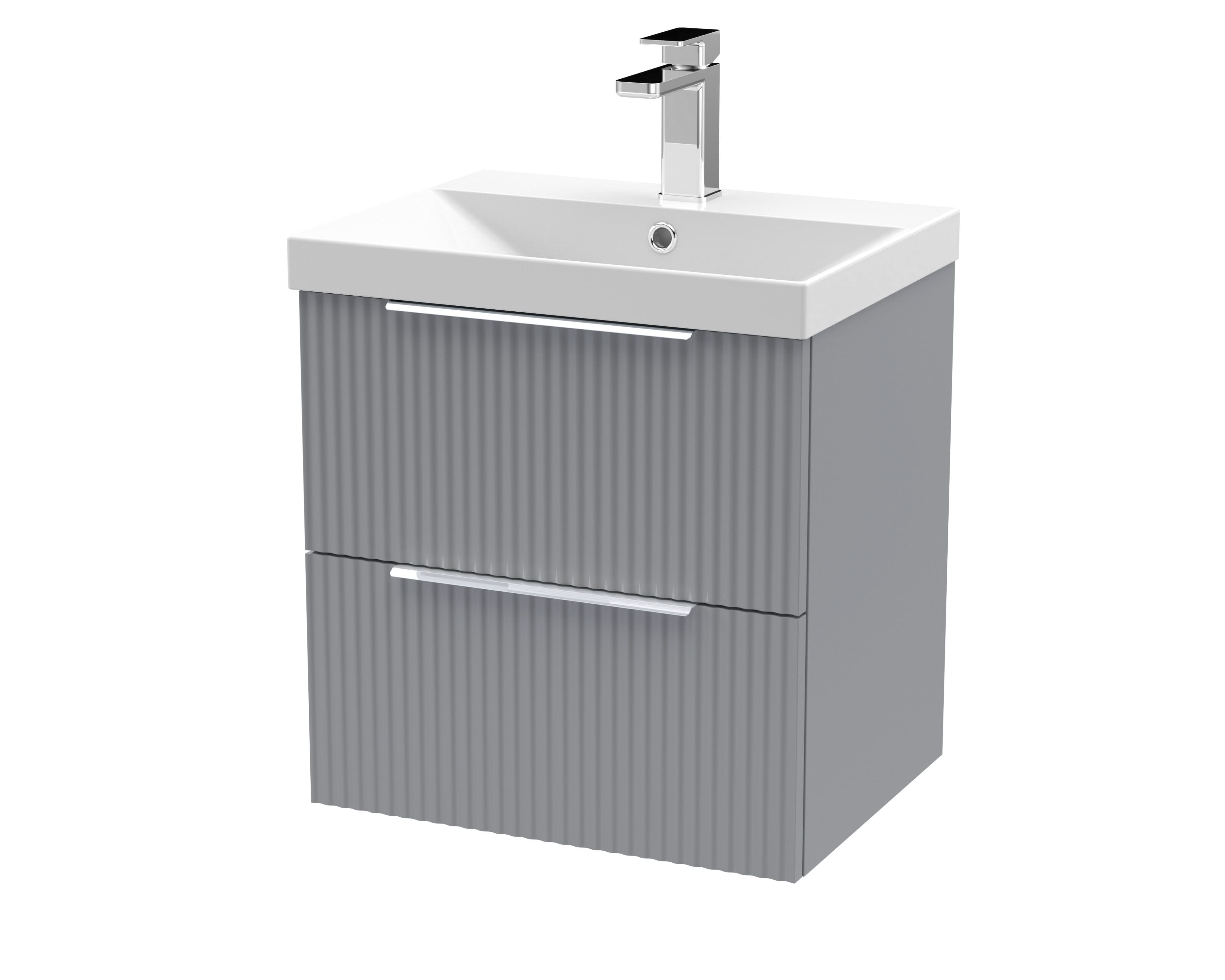 Hudson Reed Fluted Wall Hung 2-Drawer Vanity and Thin-Edge Basin, Contemporary Sink Vanity Unit, Satin Grey, 500mm