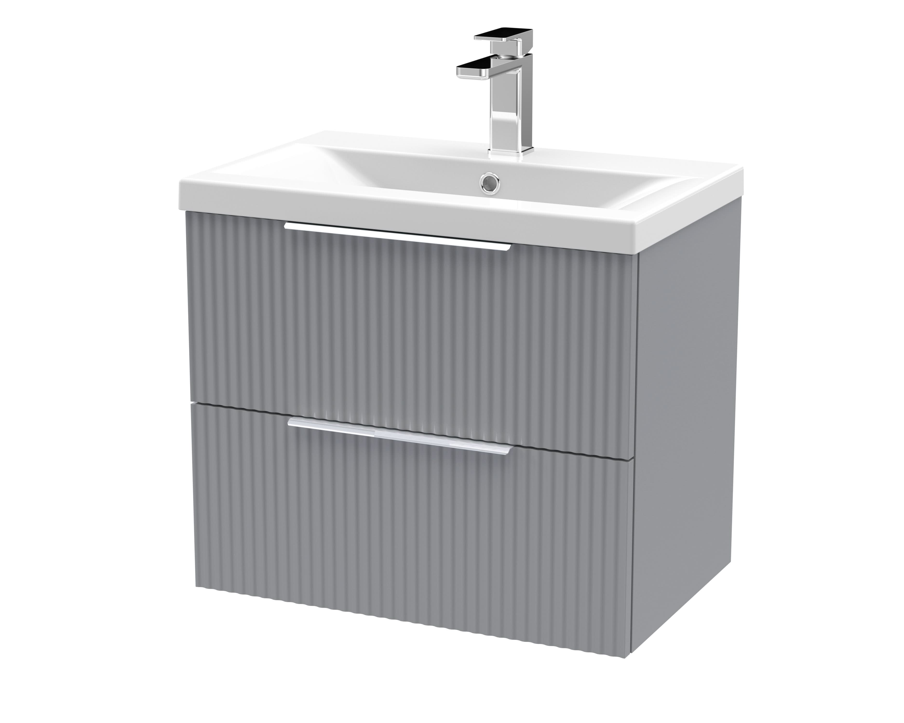 Hudson Reed Fluted Wall Hung 2-Drawer Vanity and Mid-Edge Basin, Contemporary Sink Vanity Unit, Satin Grey, 600mm