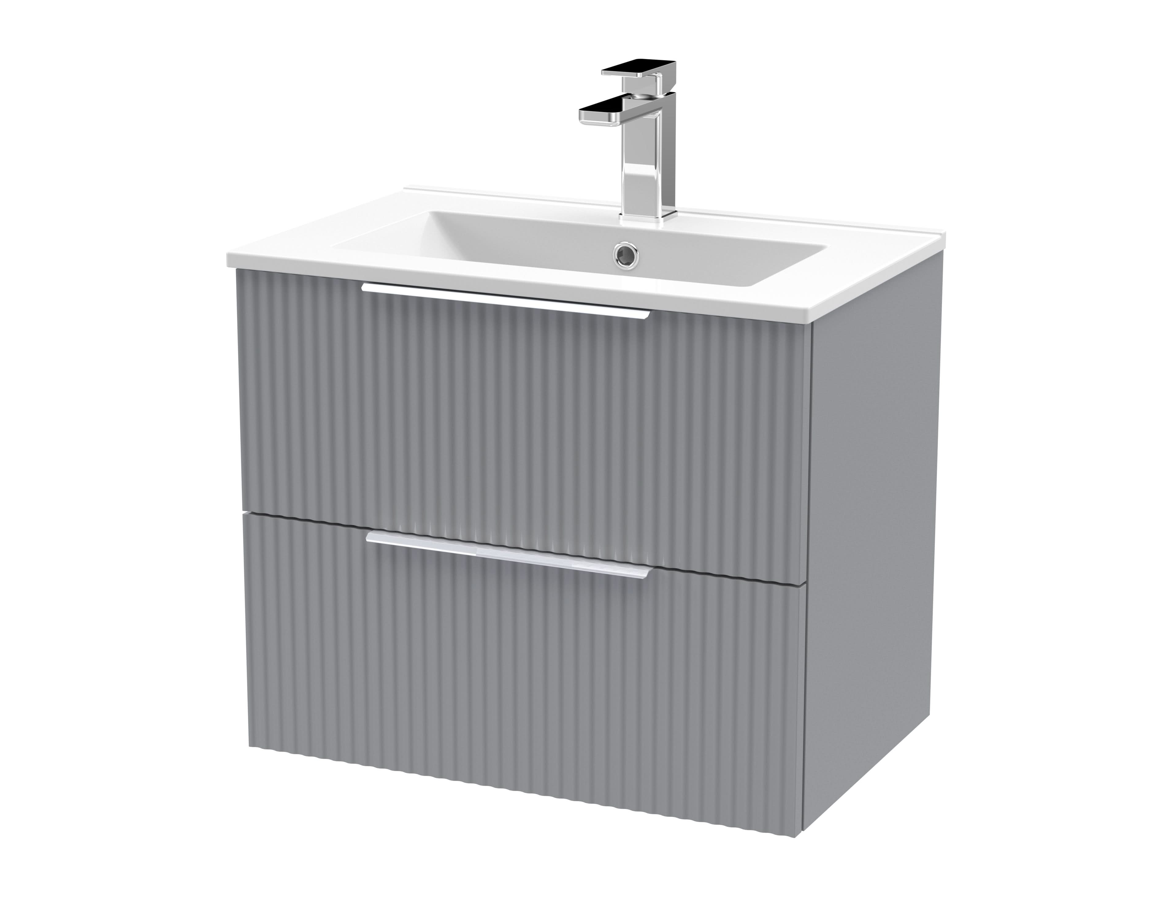 Hudson Reed Fluted Wall Hung 2-Drawer Vanity and Minimalist Basin, Contemporary Sink Vanity Unit, Satin Grey, 600mm