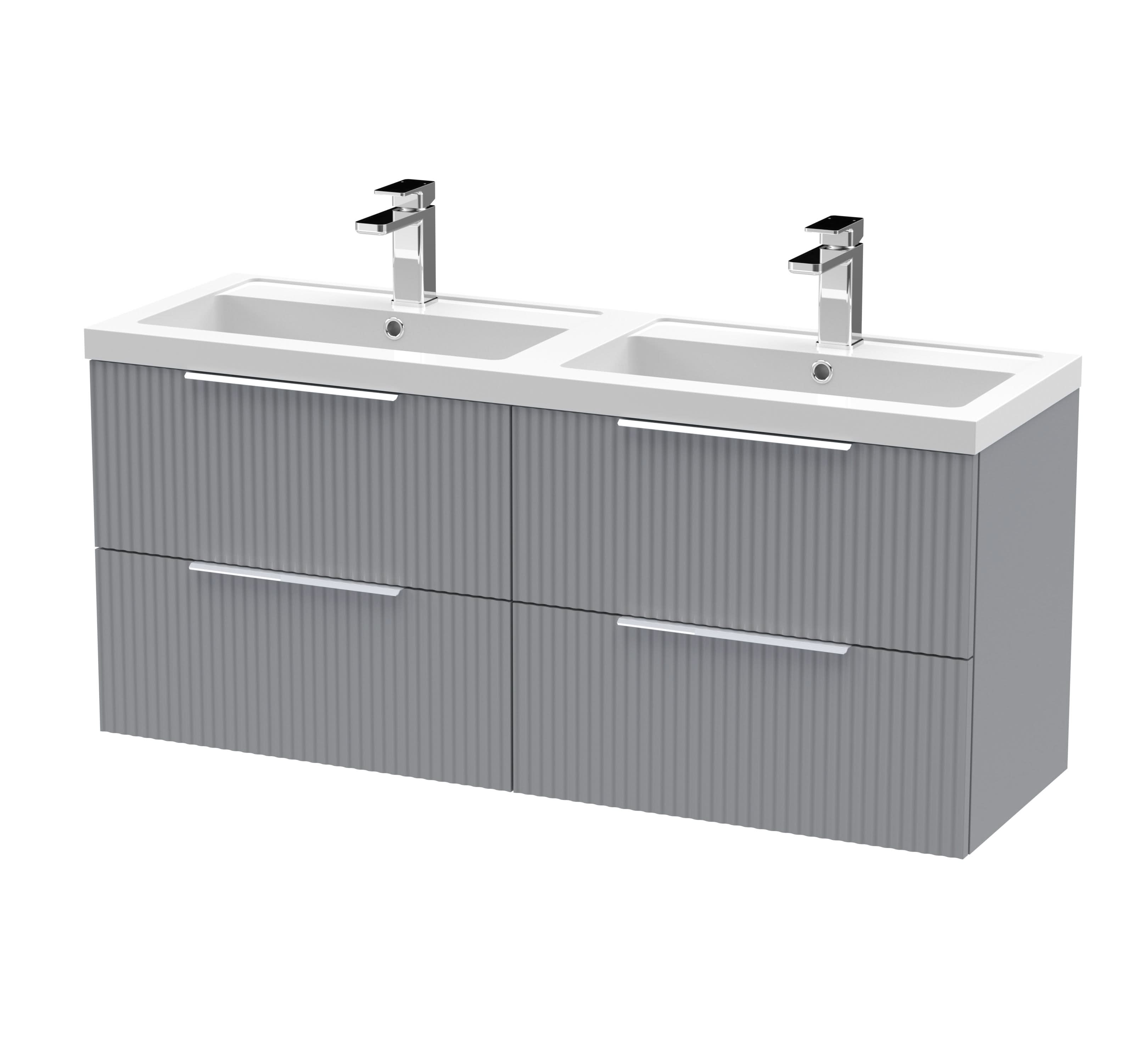 Hudson Reed Fluted Wall Hung 4-Drawer Vanity and Double Polymarble Basin, Stylish Sink Vanity Unit, Satin Grey, 1200mm