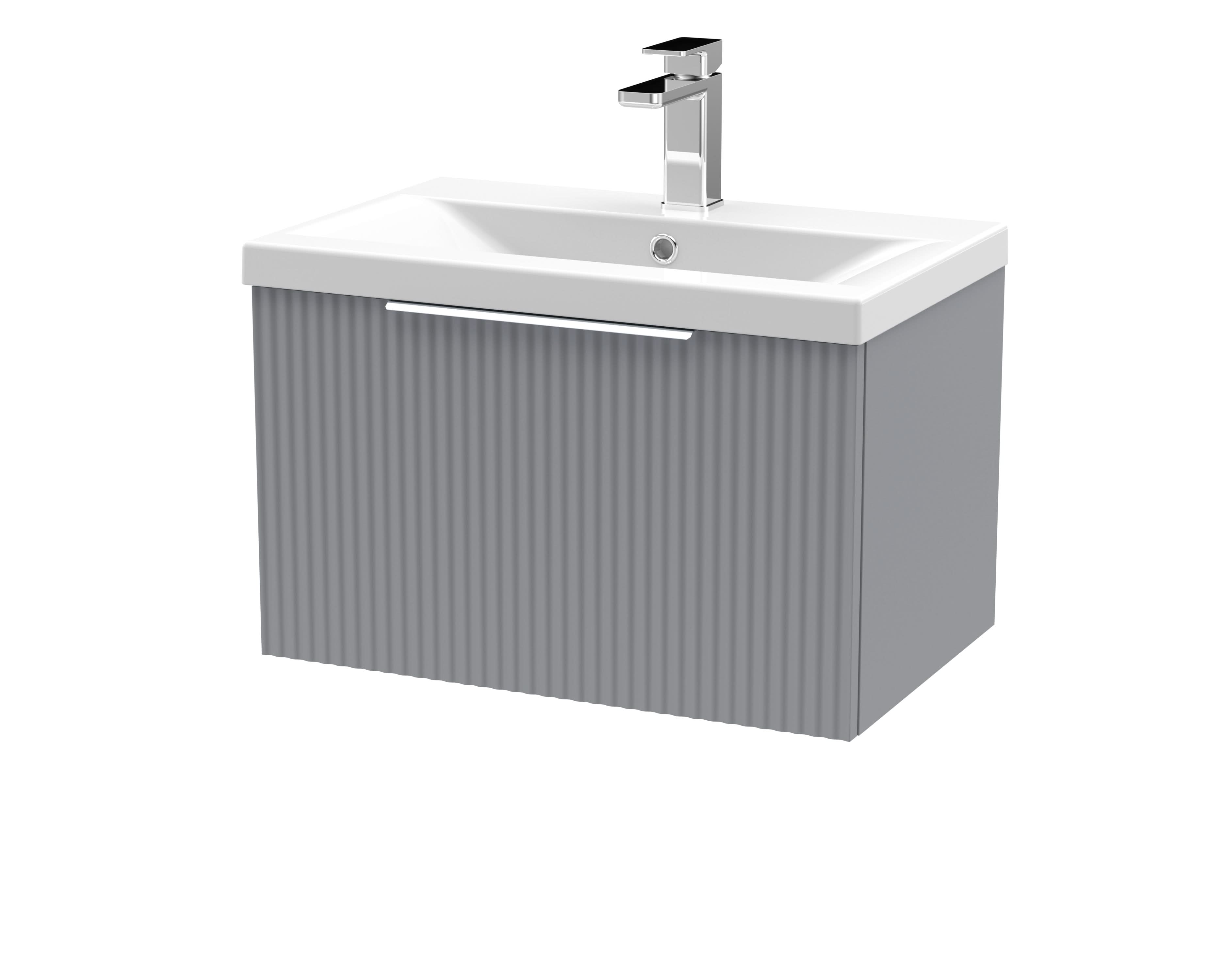 Hudson Reed Fluted Wall Hung 1-Drawer Vanity and Mid-Edge Basin, Contemporary Sink Vanity Unit, Satin Grey, 600mm