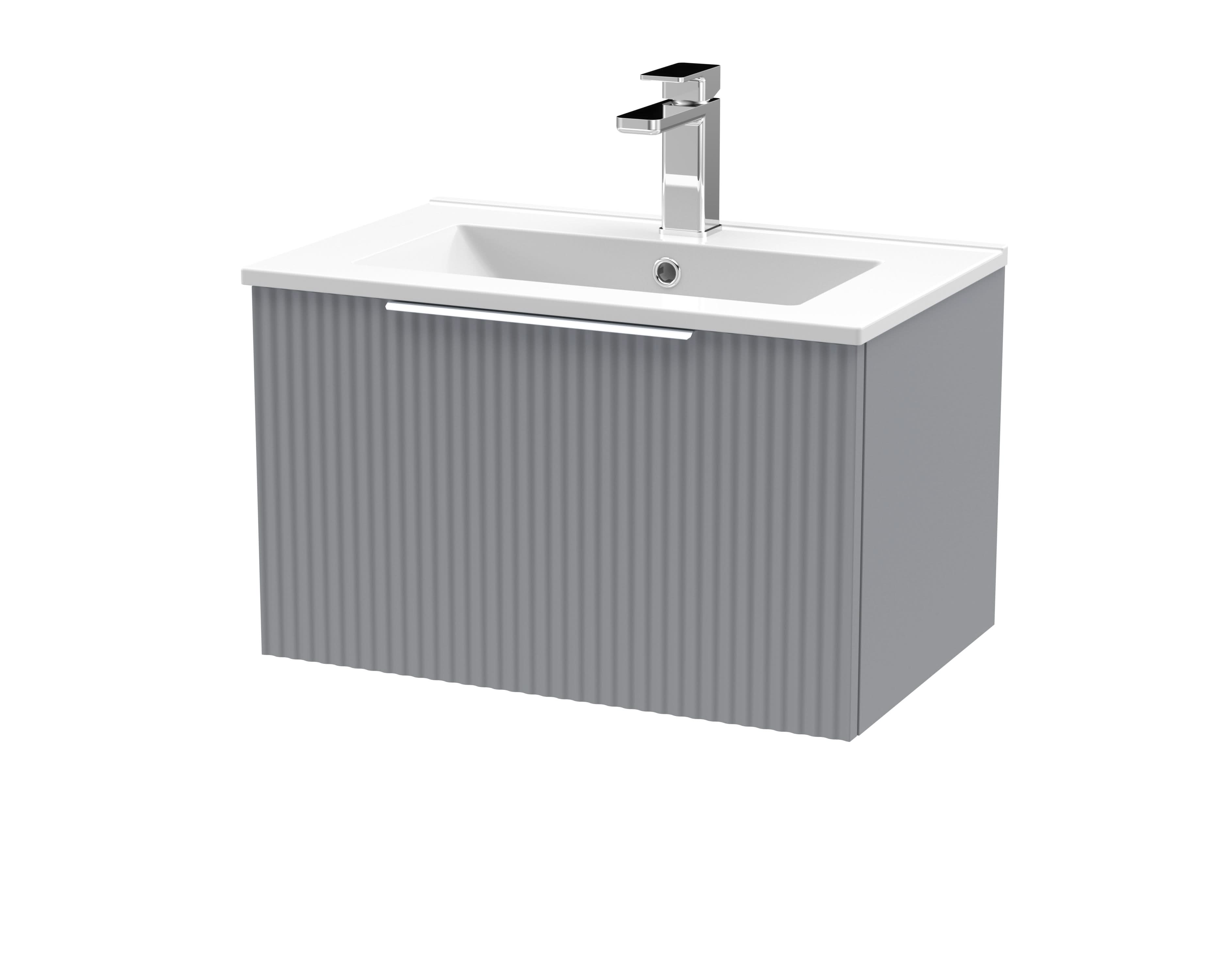 Hudson Reed Fluted Wall Hung 1-Drawer Vanity and Minimalist Basin, Contemporary Sink Vanity Unit, Satin Grey, 600mm