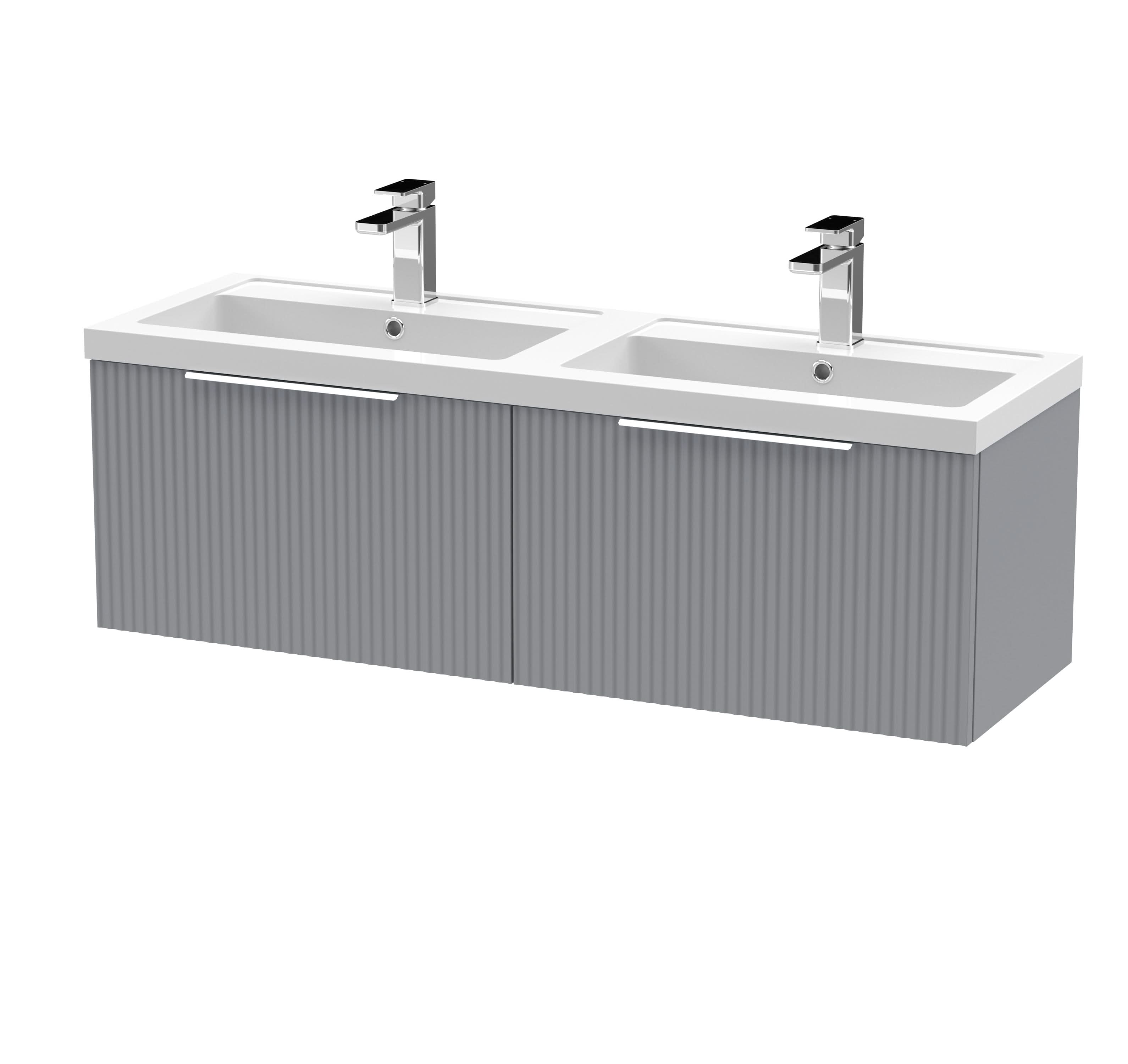 Hudson Reed Fluted Wall Hung 2-Drawer Vanity and Double Polymarble Basin, Stylish Sink Vanity Unit, Satin Grey, 1200mm