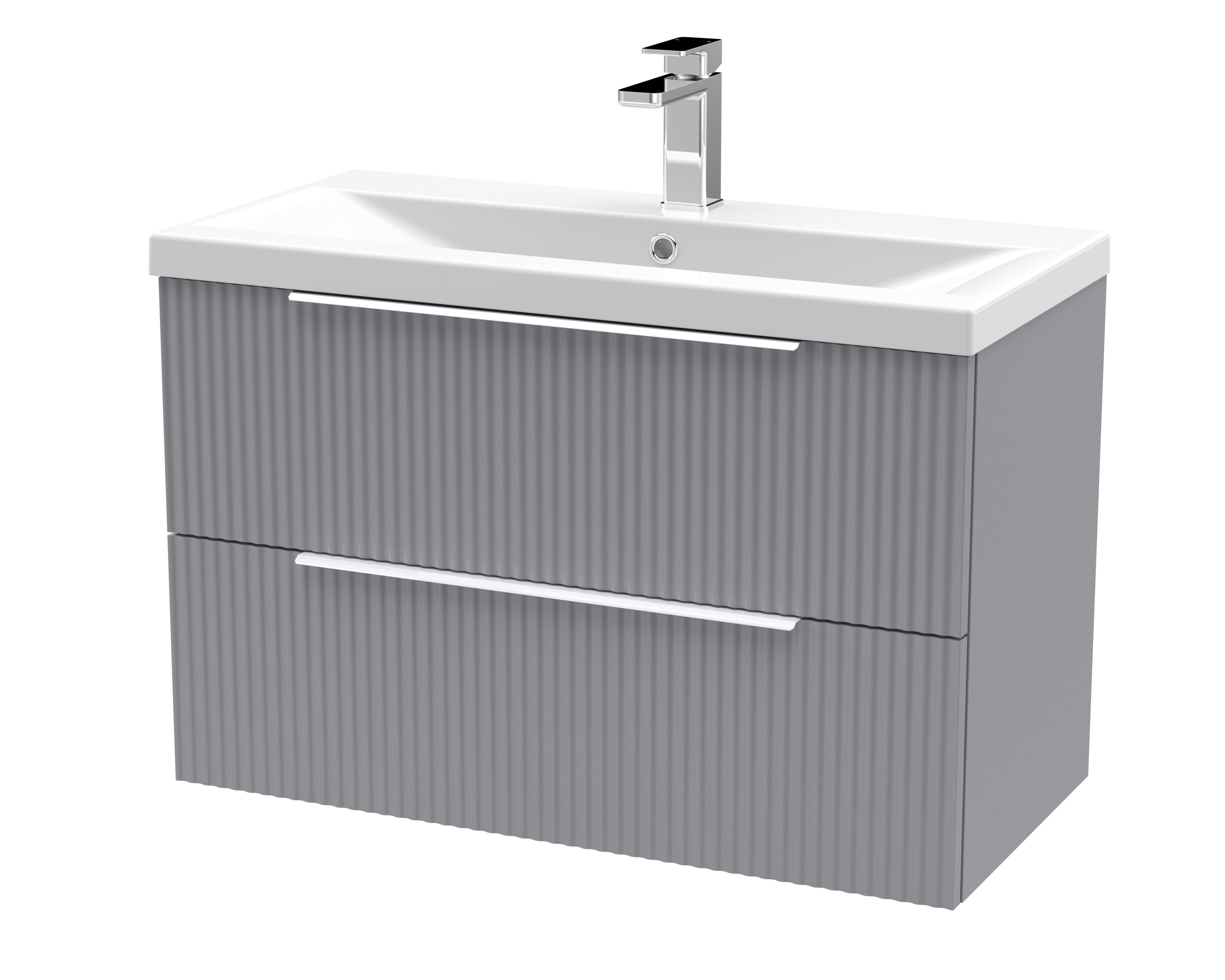 Hudson Reed Fluted Wall Hung 2-Drawer Vanity and Mid-Edge Basin, Contemporary Sink Vanity Unit, Satin Grey, 800mm