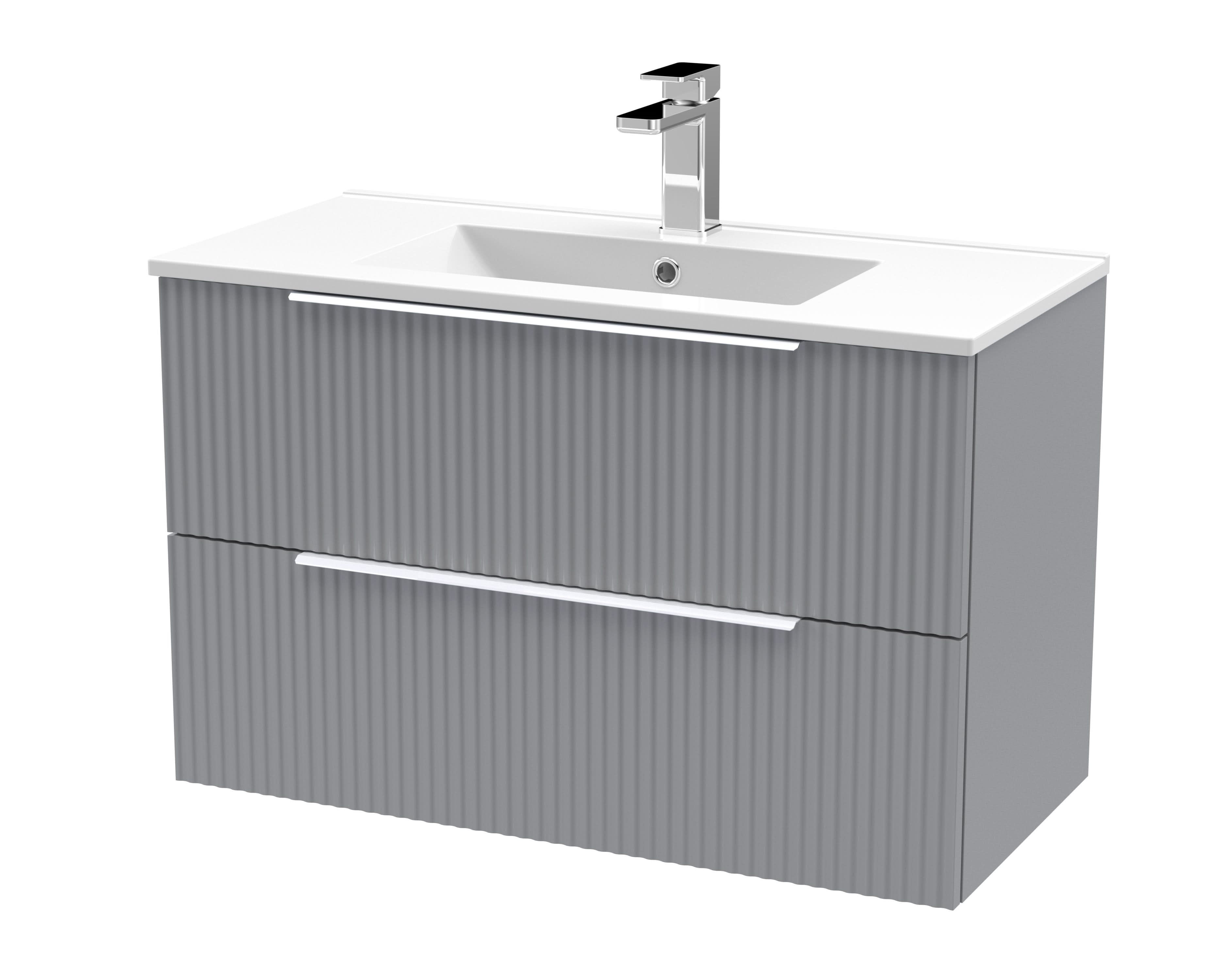 Hudson Reed Fluted Wall Hung 2-Drawer Vanity and Minimalist Basin, Contemporary Sink Vanity Unit, Satin Grey, 800mm