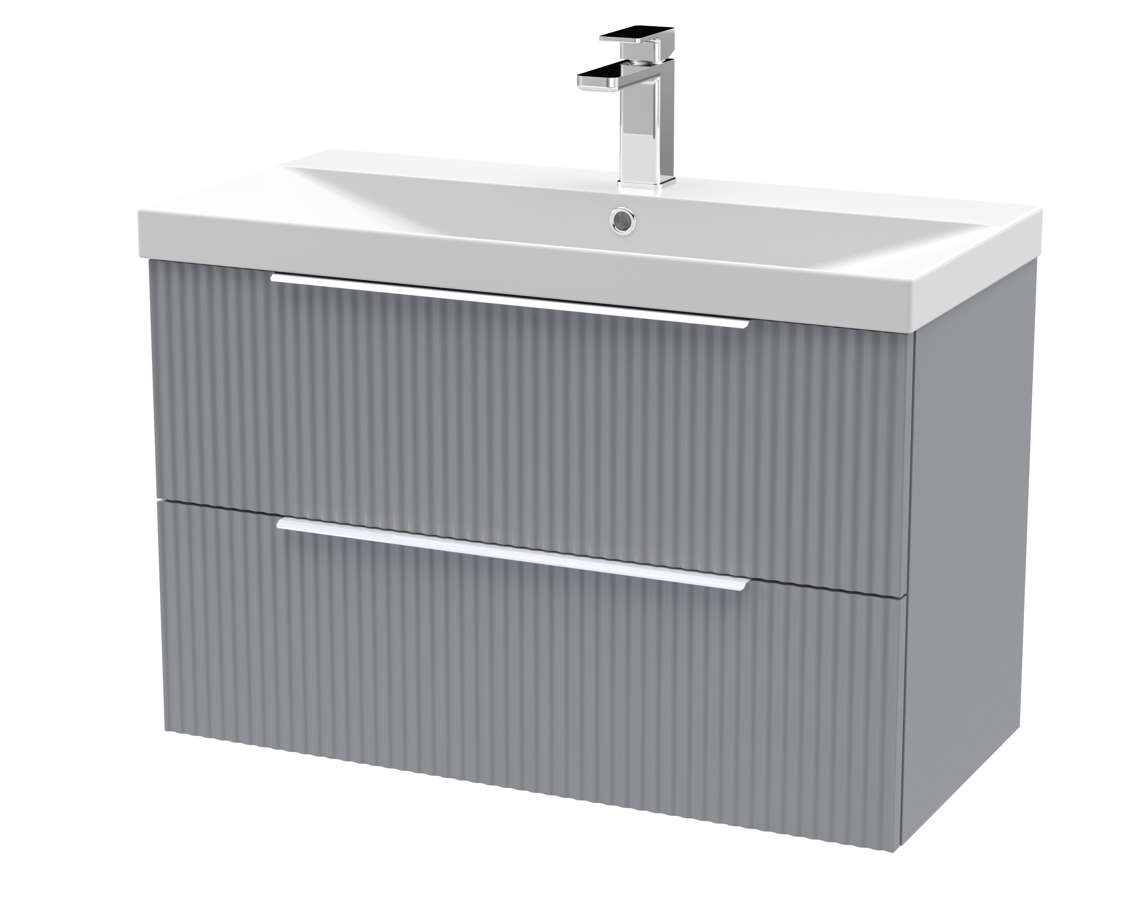Hudson Reed Fluted Wall Hung 2-Drawer Vanity and Thin-Edge Basin, Contemporary Sink Vanity Unit, Satin Grey, 800mm