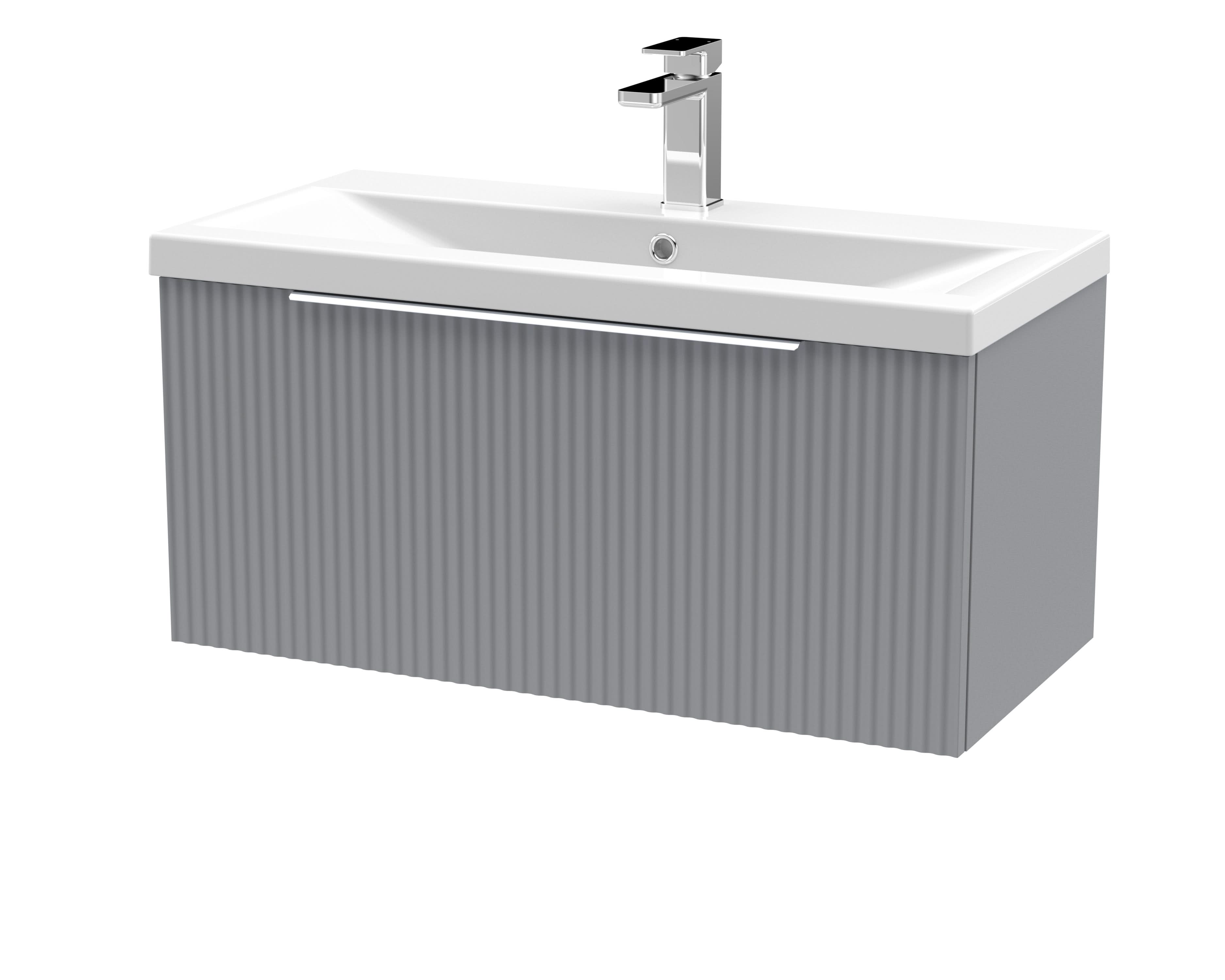 Hudson Reed Fluted Wall Hung 1-Drawer Vanity and Mid-Edge Basin, Contemporary Sink Vanity Unit, Satin Grey, 800mm