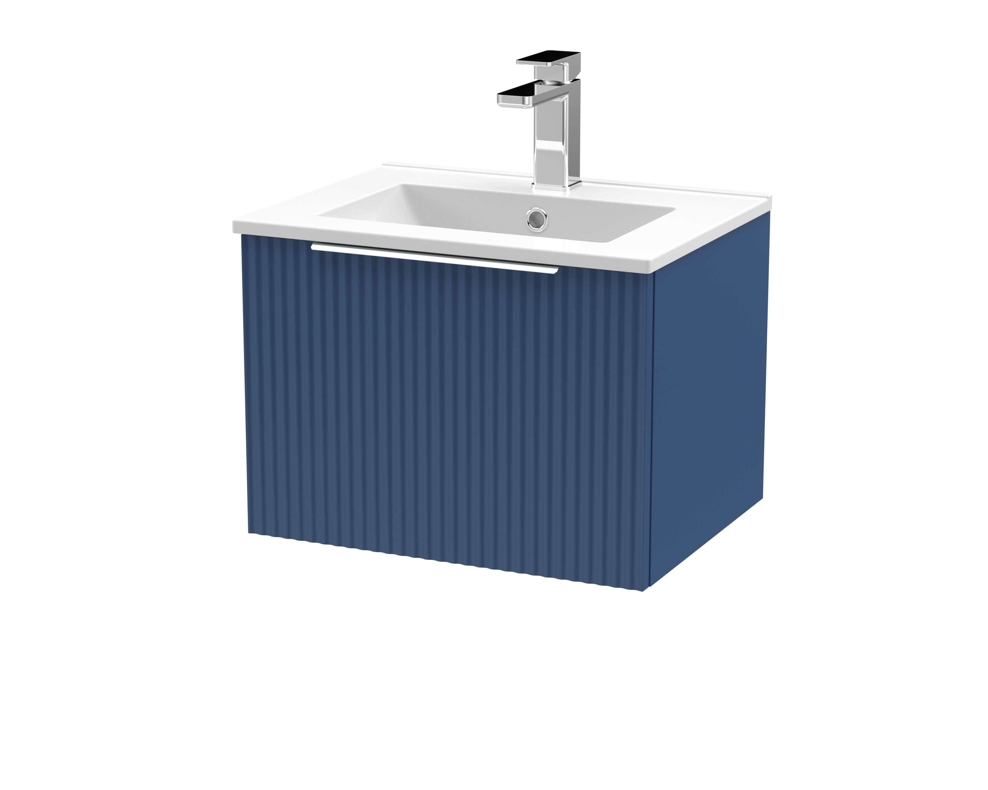 Hudson Reed Fluted Wall Hung 1-Drawer Vanity and Minimalist Basin, Contemporary Sink Vanity Unit, Satin Blue, 500mm