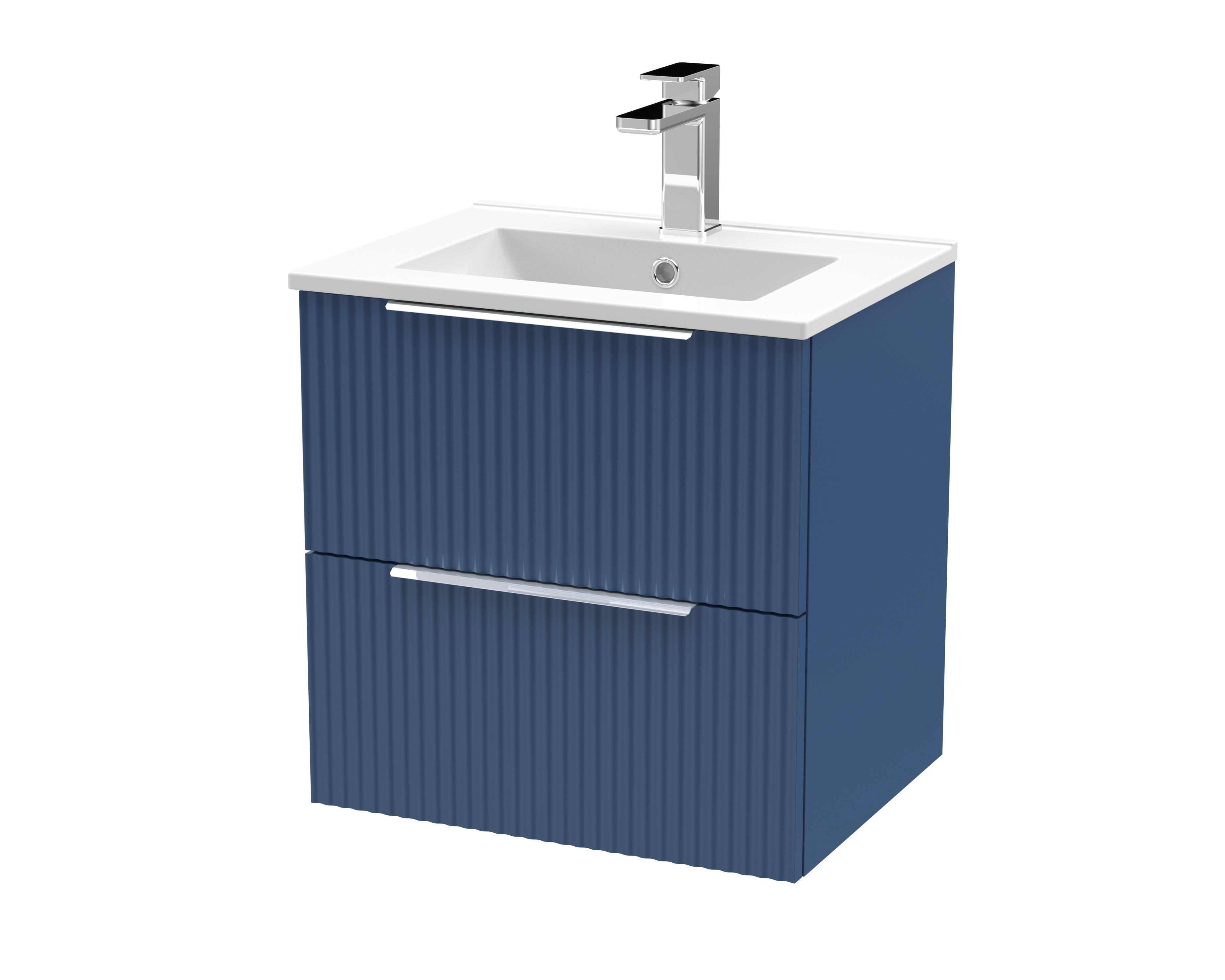 Hudson Reed Fluted Wall Hung 2-Drawer Vanity and Minimalist Basin, Contemporary Sink Vanity Unit, Satin Blue, 500mm