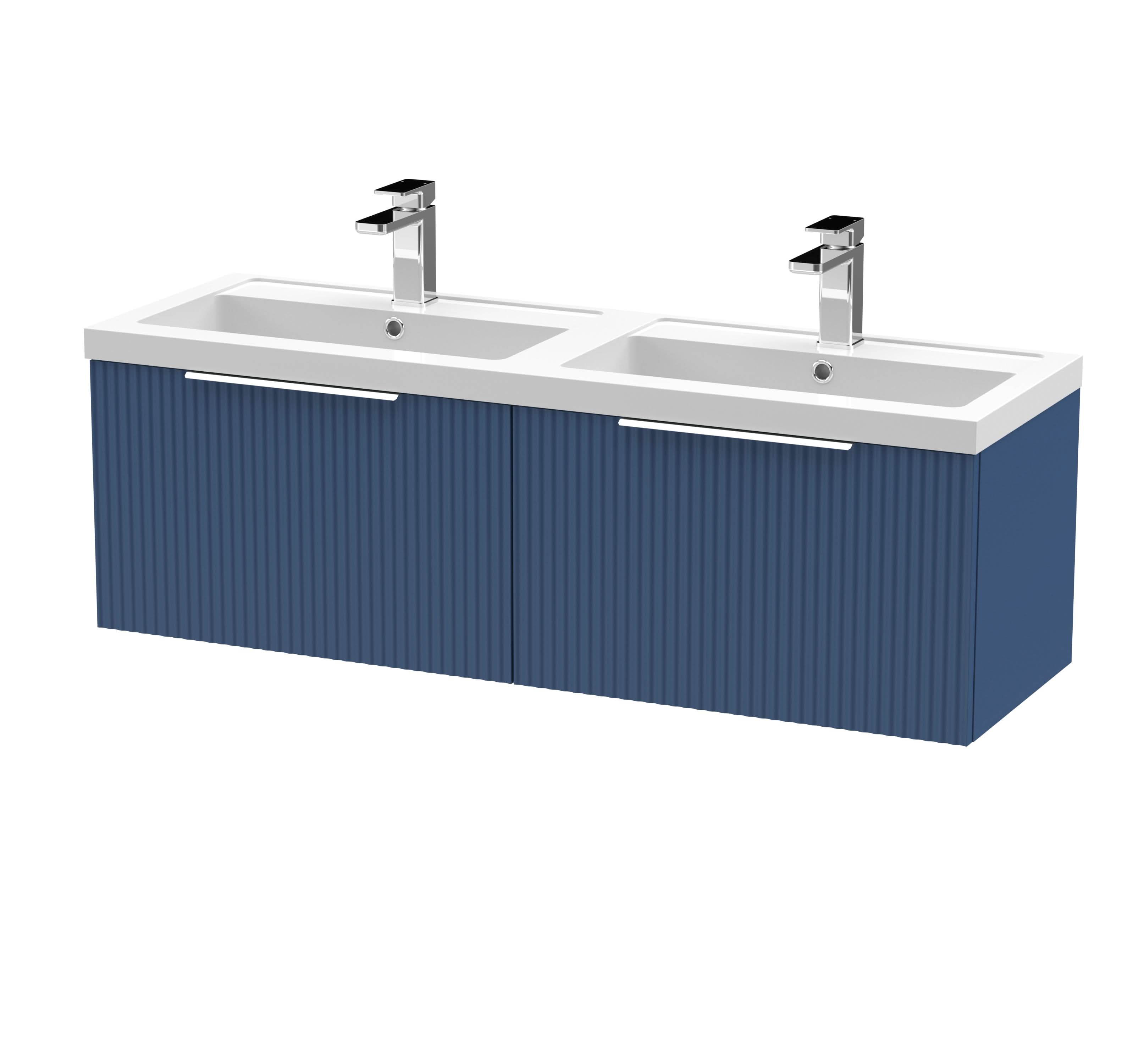 Hudson Reed Fluted Wall Hung 2-Drawer Vanity and Double Polymarble Basin, Premium Sink Vanity Unit, Satin Blue, 1200mm