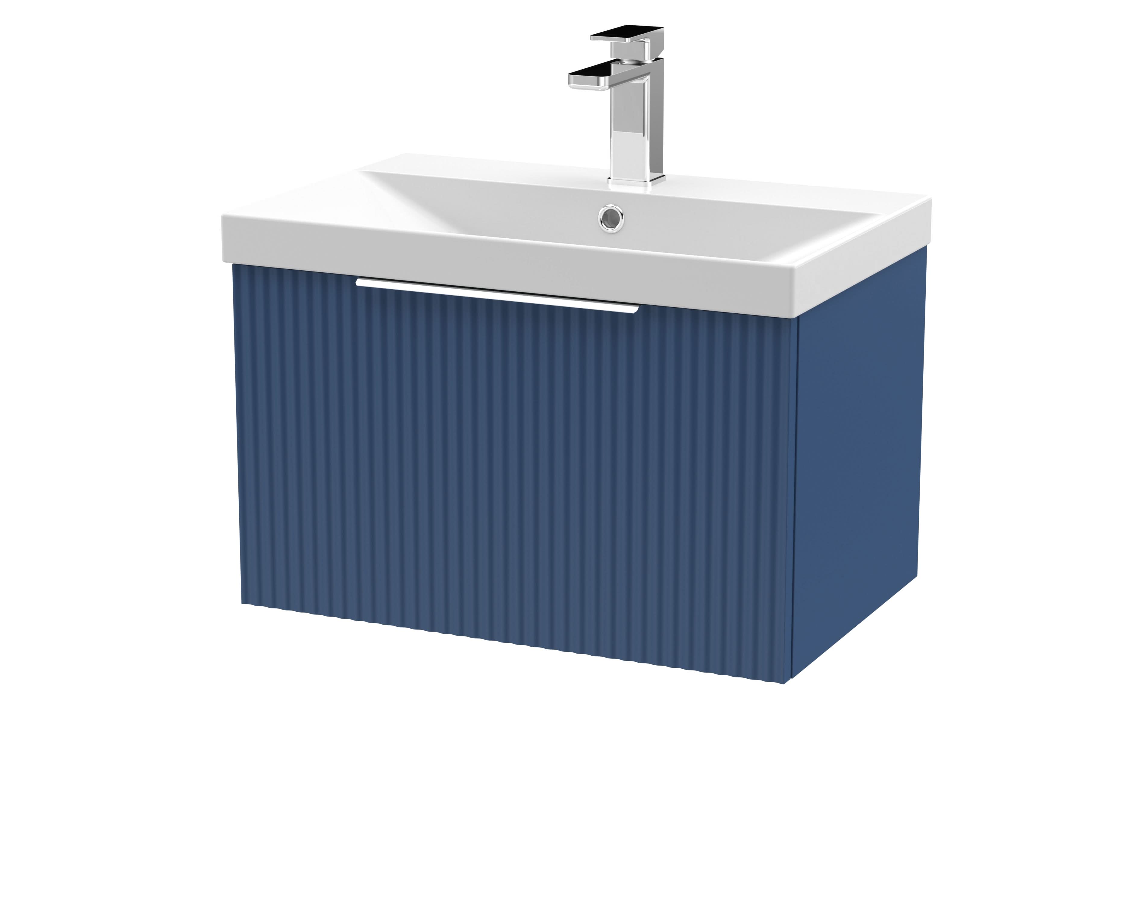 Hudson Reed Fluted Wall Hung 1-Drawer Vanity and Thin-Edge Basin, Contemporary Sink Vanity Unit, Satin Blue, 600mm