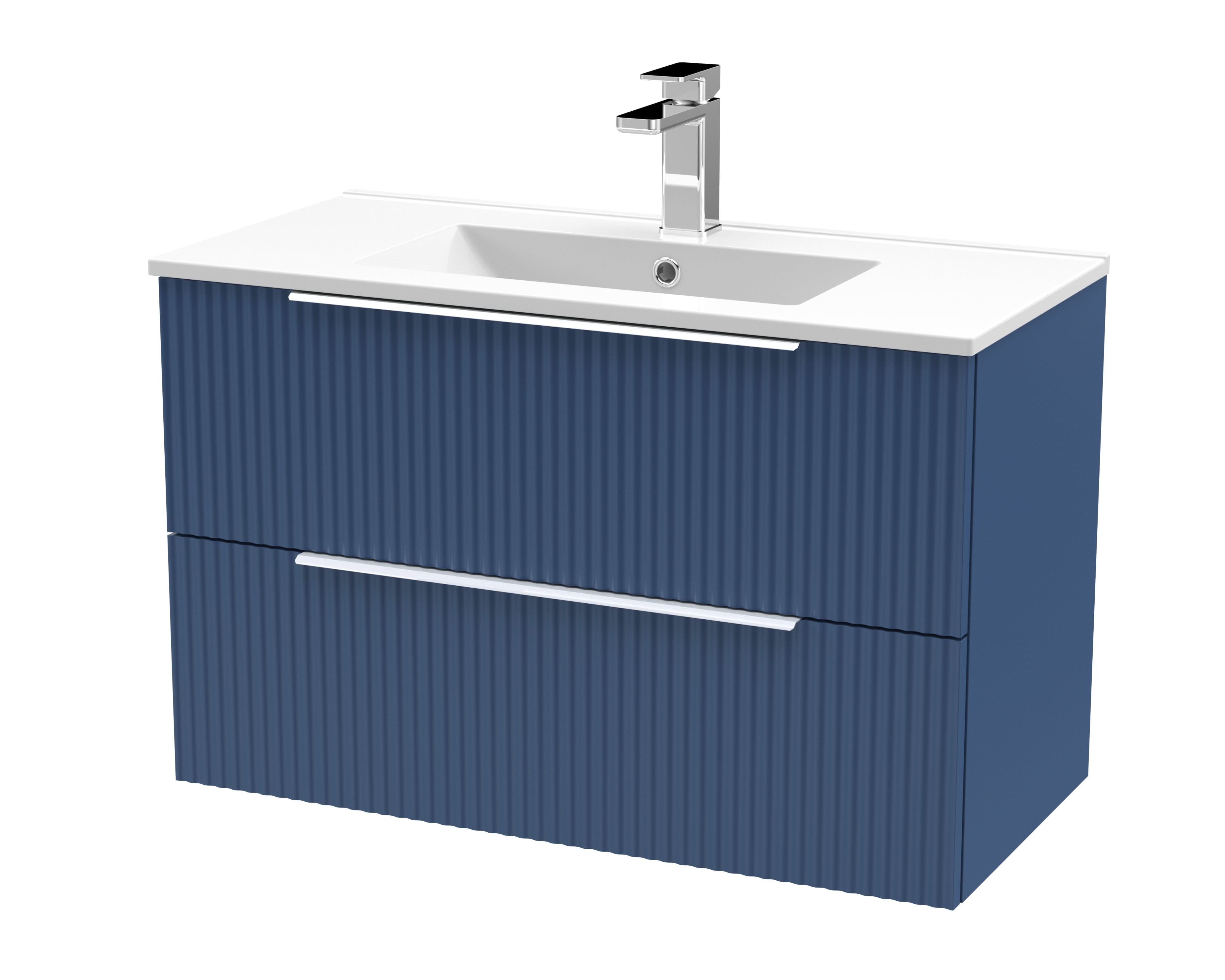 Hudson Reed Fluted Wall Hung 2-Drawer Vanity and Minimalist Basin, Contemporary Sink Vanity Unit, Satin Blue, 800mm