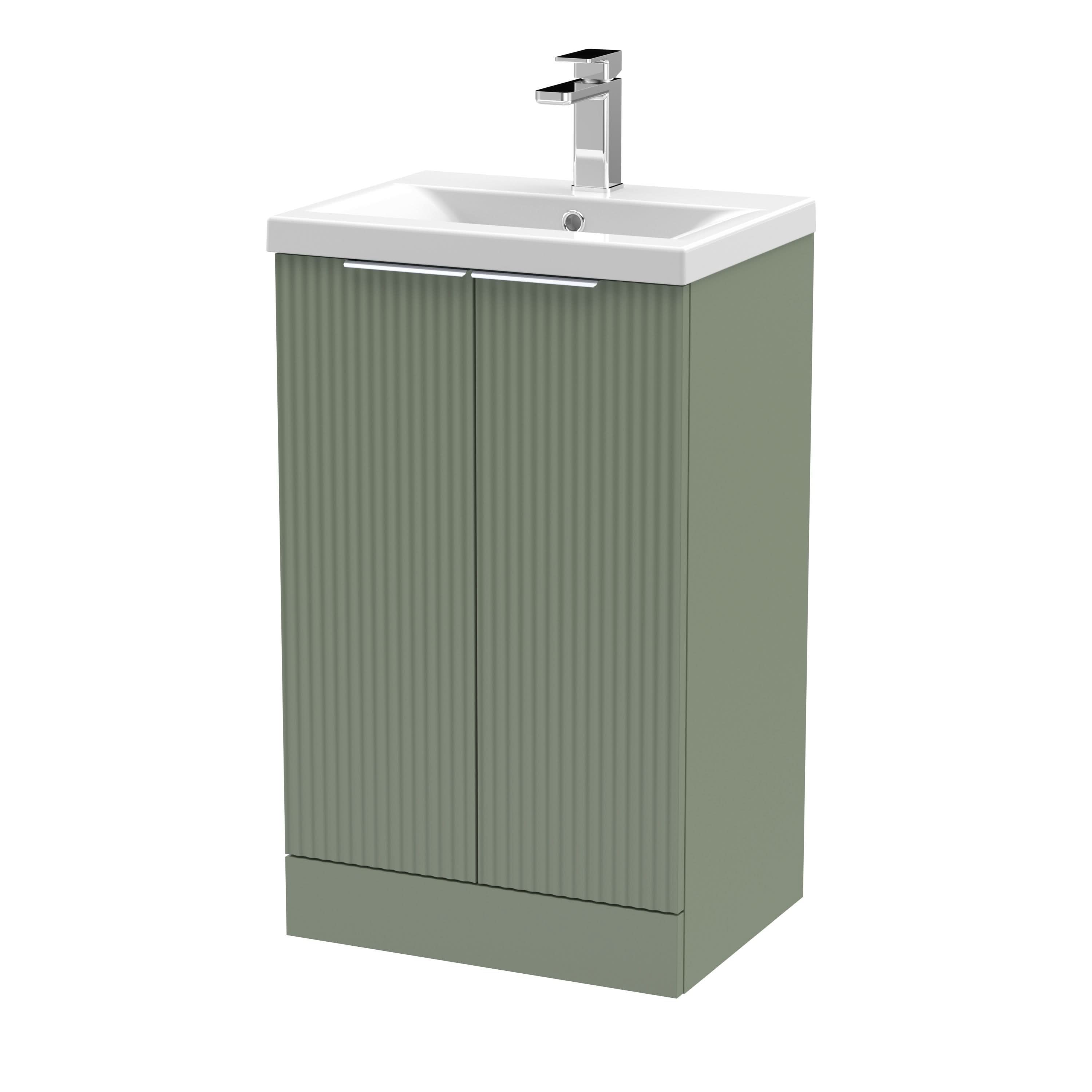 Hudson Reed Fluted Floor Standing 2-Door Vanity and Mid-Edge Basin, Contemporary Sink Vanity Unit, Satin Green, 500mm