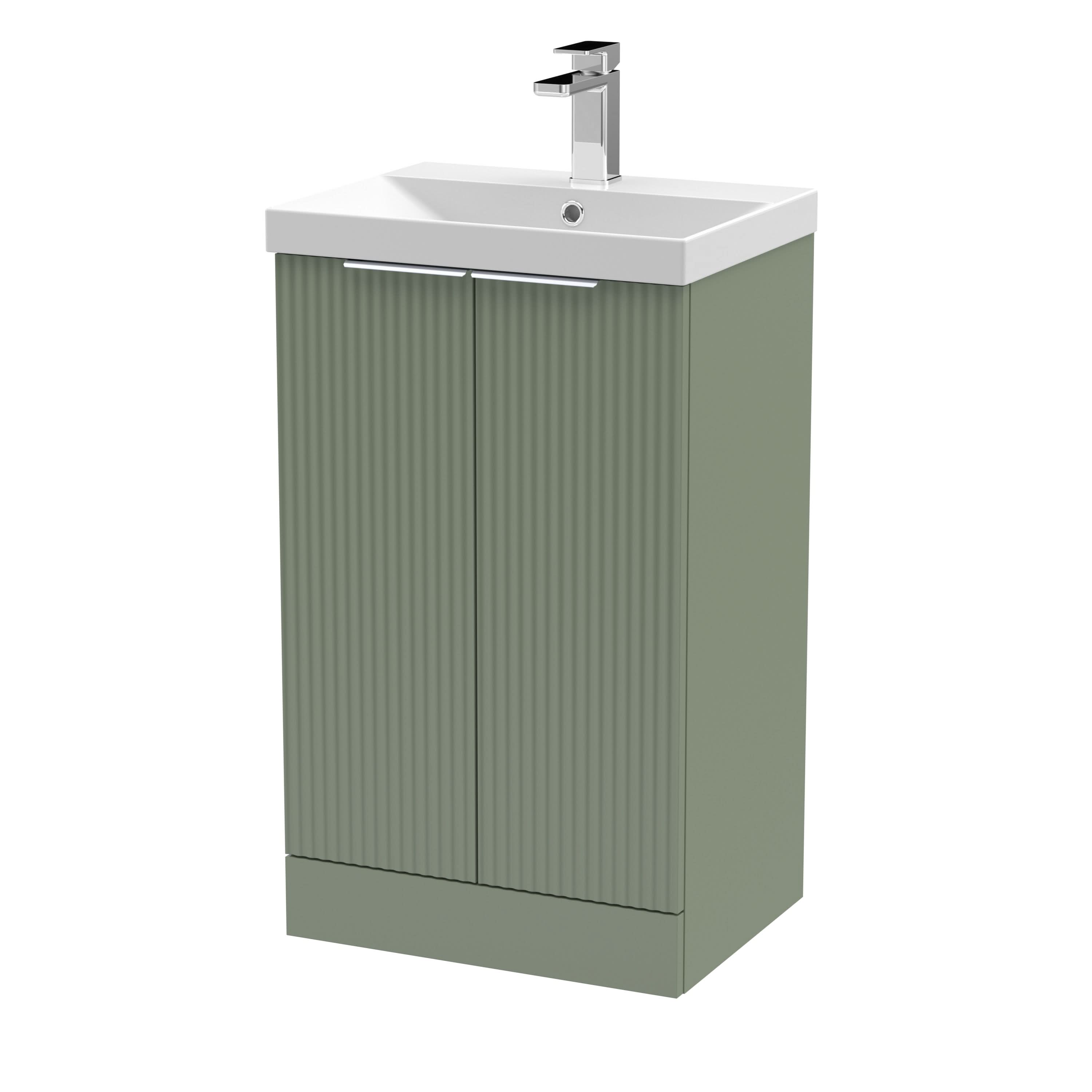 Hudson Reed Fluted Floor Standing 2-Door Vanity and Thin-Edge Basin, Contemporary Sink Vanity Unit, Satin Green, 500mm