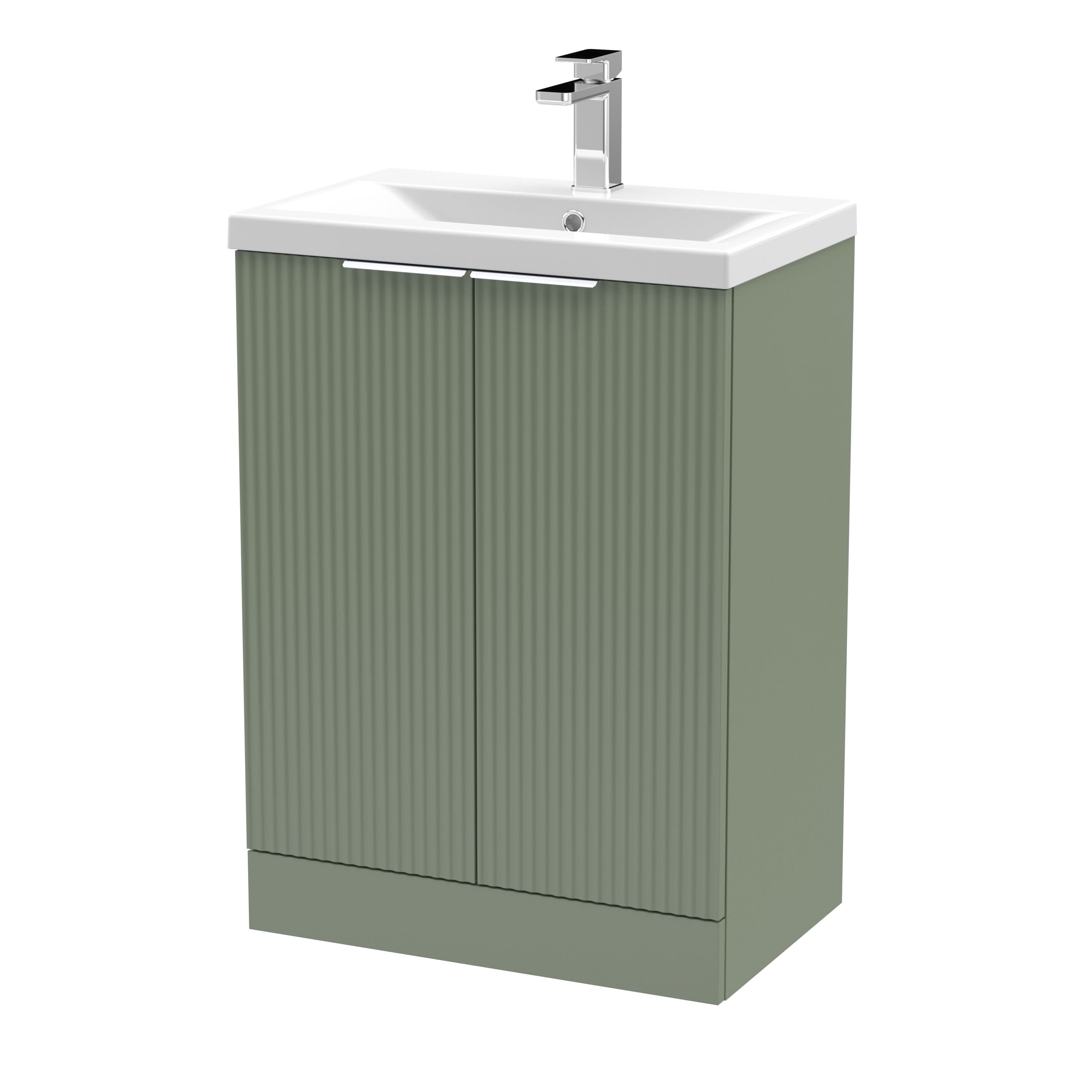 Hudson Reed Fluted Floor Standing 2-Door Vanity and Mid-Edge Basin, Contemporary Sink Vanity Unit, Satin Green, 600mm