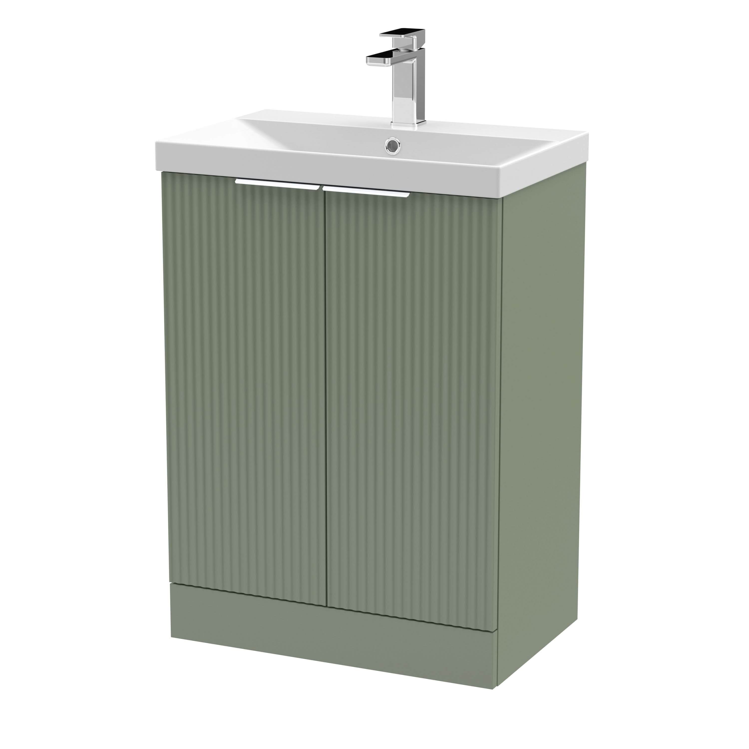 Hudson Reed Fluted Floor Standing 2-Door Vanity and Thin-Edge Basin, Contemporary Sink Vanity Unit, Satin Green, 600mm