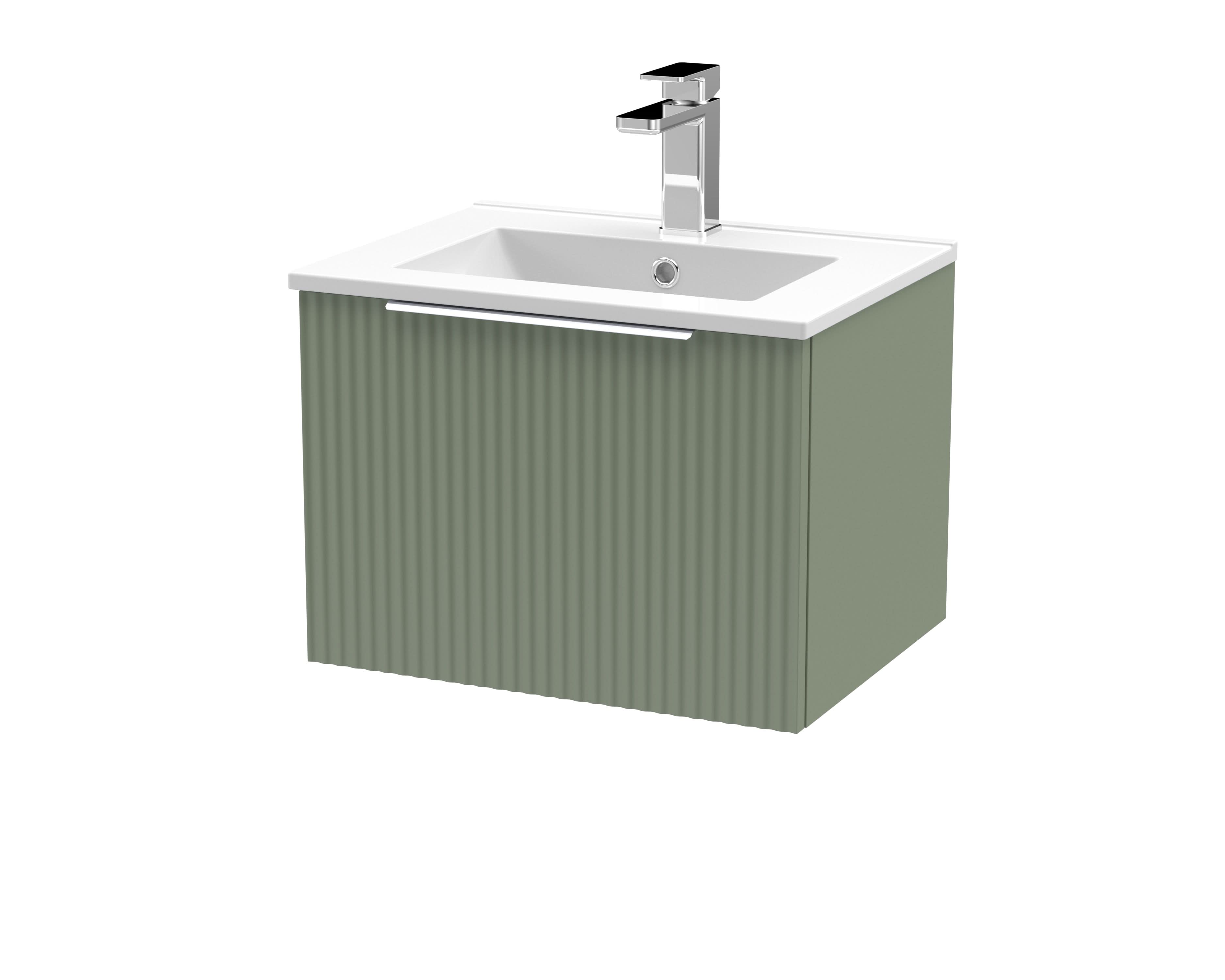 Hudson Reed Fluted Wall Hung 1-Drawer Vanity and Minimalist Basin, Contemporary Sink Vanity Unit, Satin Green, 500mm