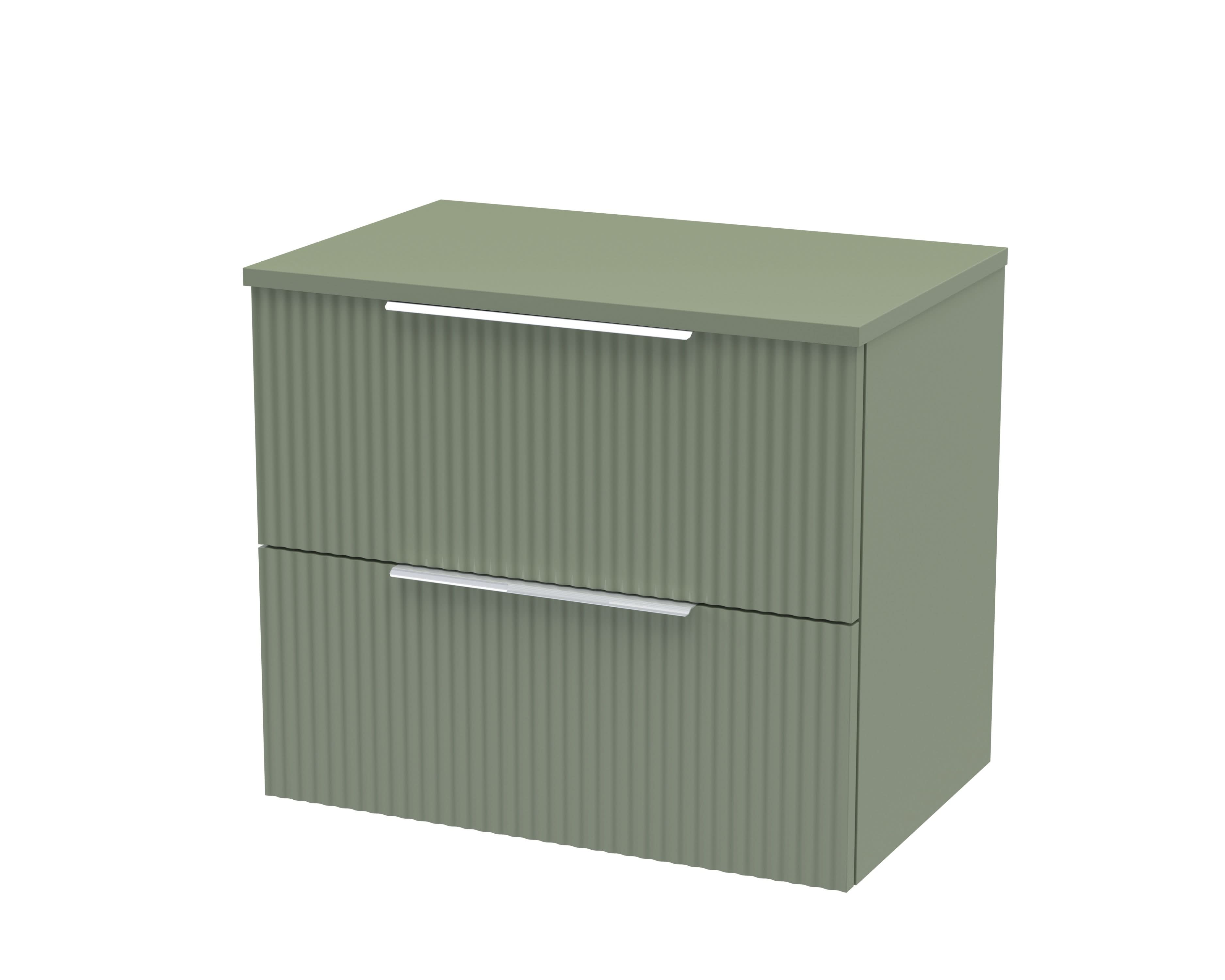 Hudson Reed Fluted Wall Hung 2-Drawer Vanity Unit & Stylish Green Worktop, Sleek Counter Top Vanity Unit in Satin Green, 600mm