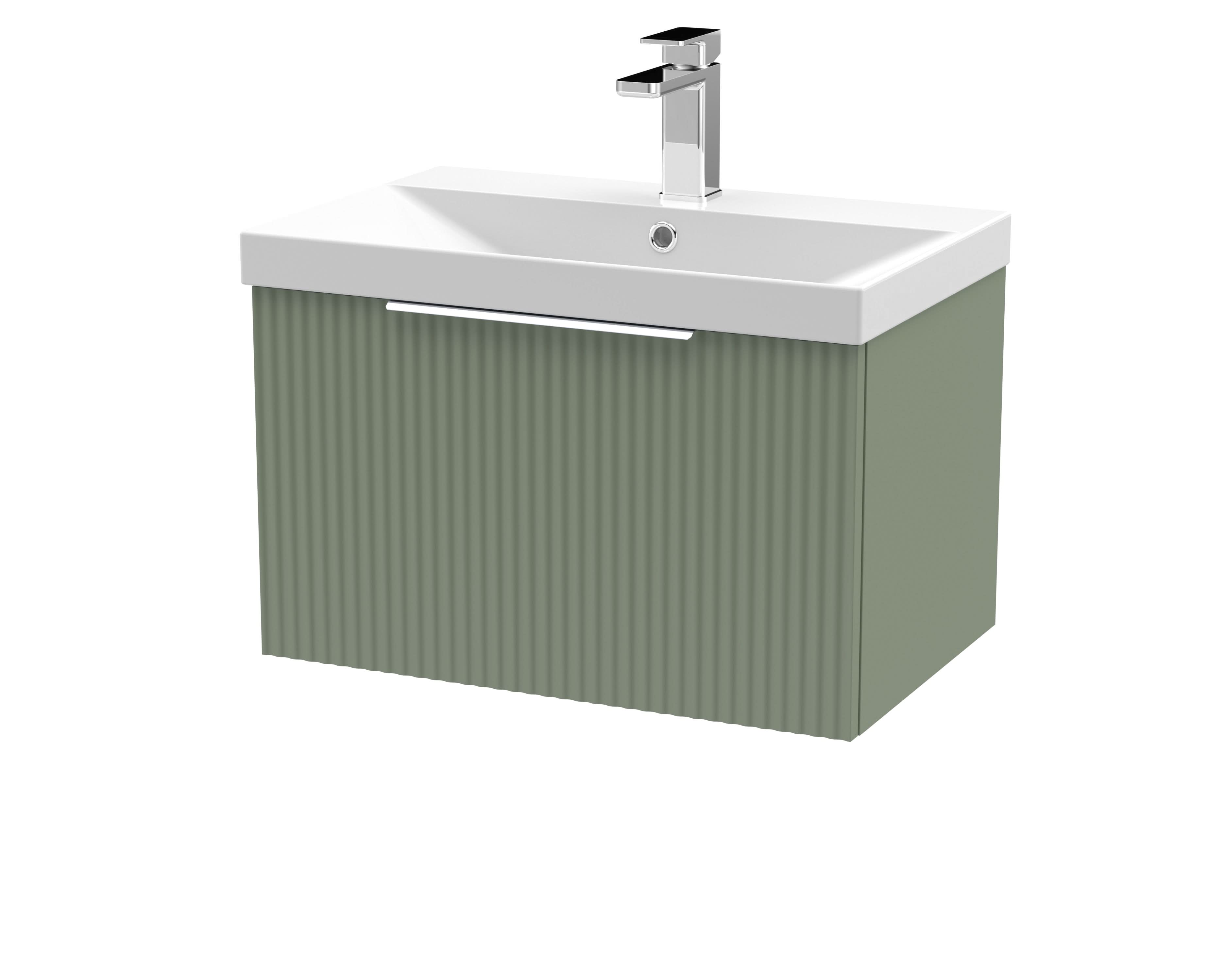 Hudson Reed Fluted Wall Hung 1-Drawer Vanity and Thin-Edge Basin, Contemporary Sink Vanity Unit, Satin Green, 600mm