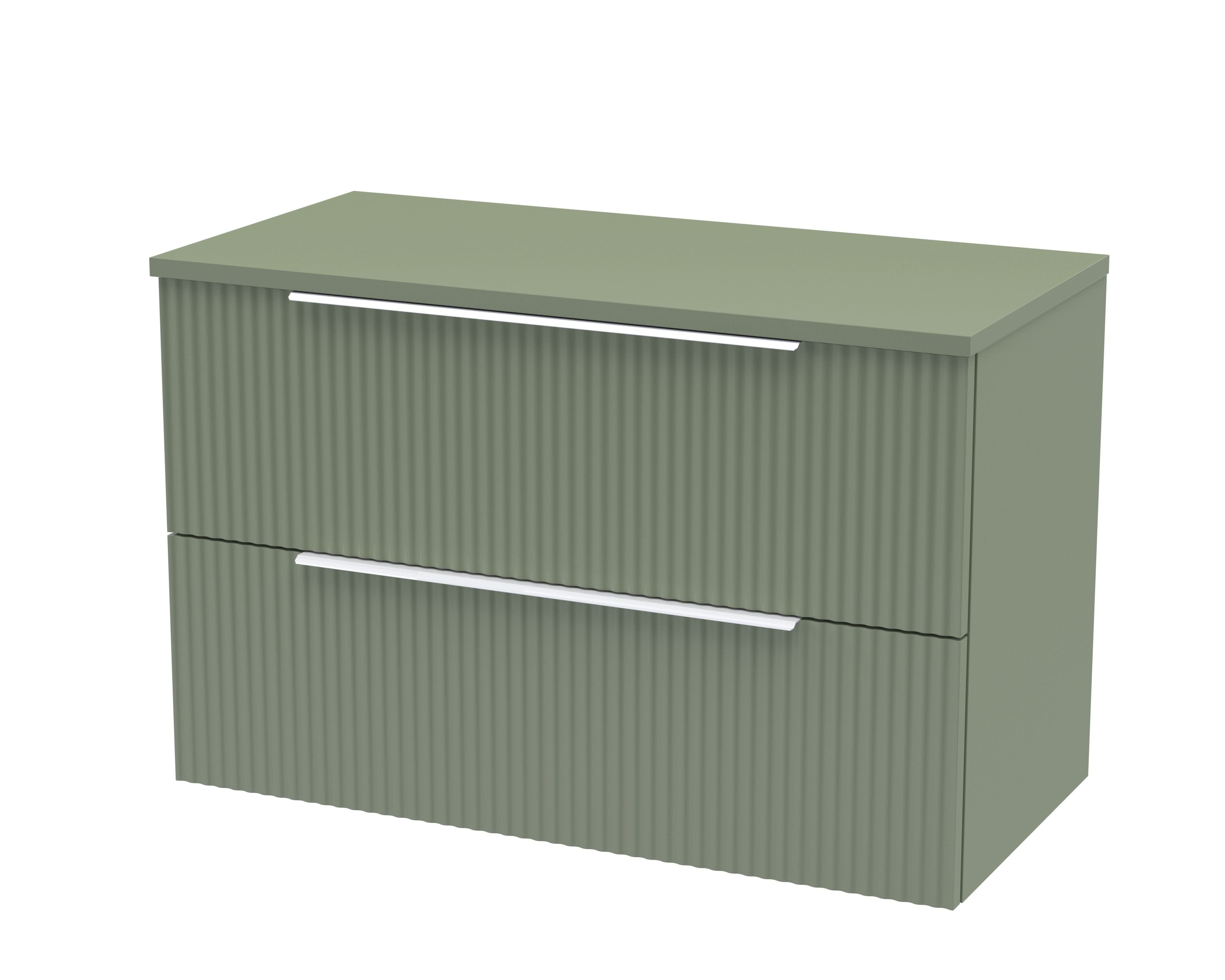 Hudson Reed Fluted Wall Hung 2-Drawer Vanity Unit & Green Worktop, Counter Top Vanity Unit in Satin Green, 800mm