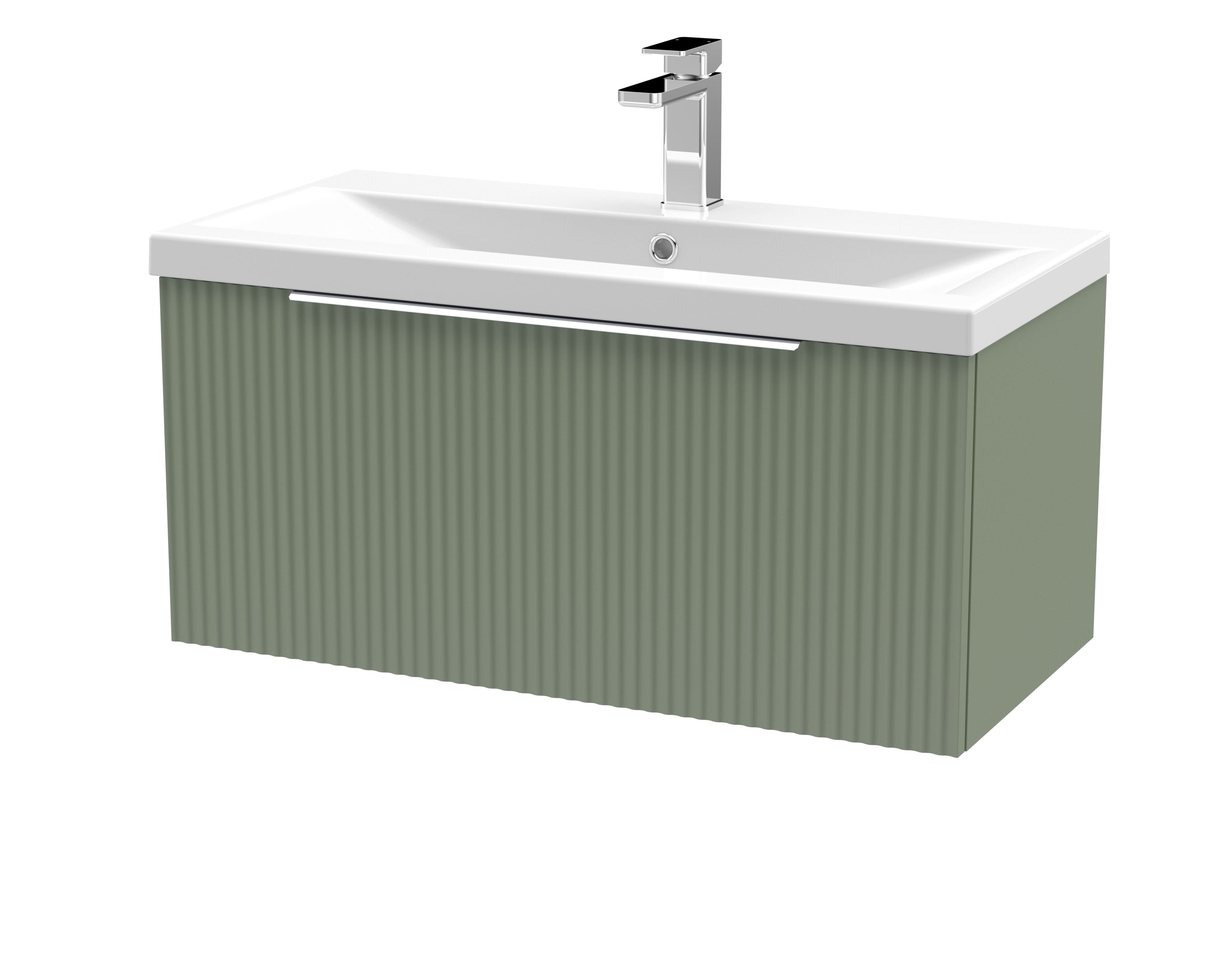 Hudson Reed Fluted Wall Hung 1-Drawer Vanity and Mid-Edge Basin, Contemporary Sink Vanity Unit, Satin Green, 800mm