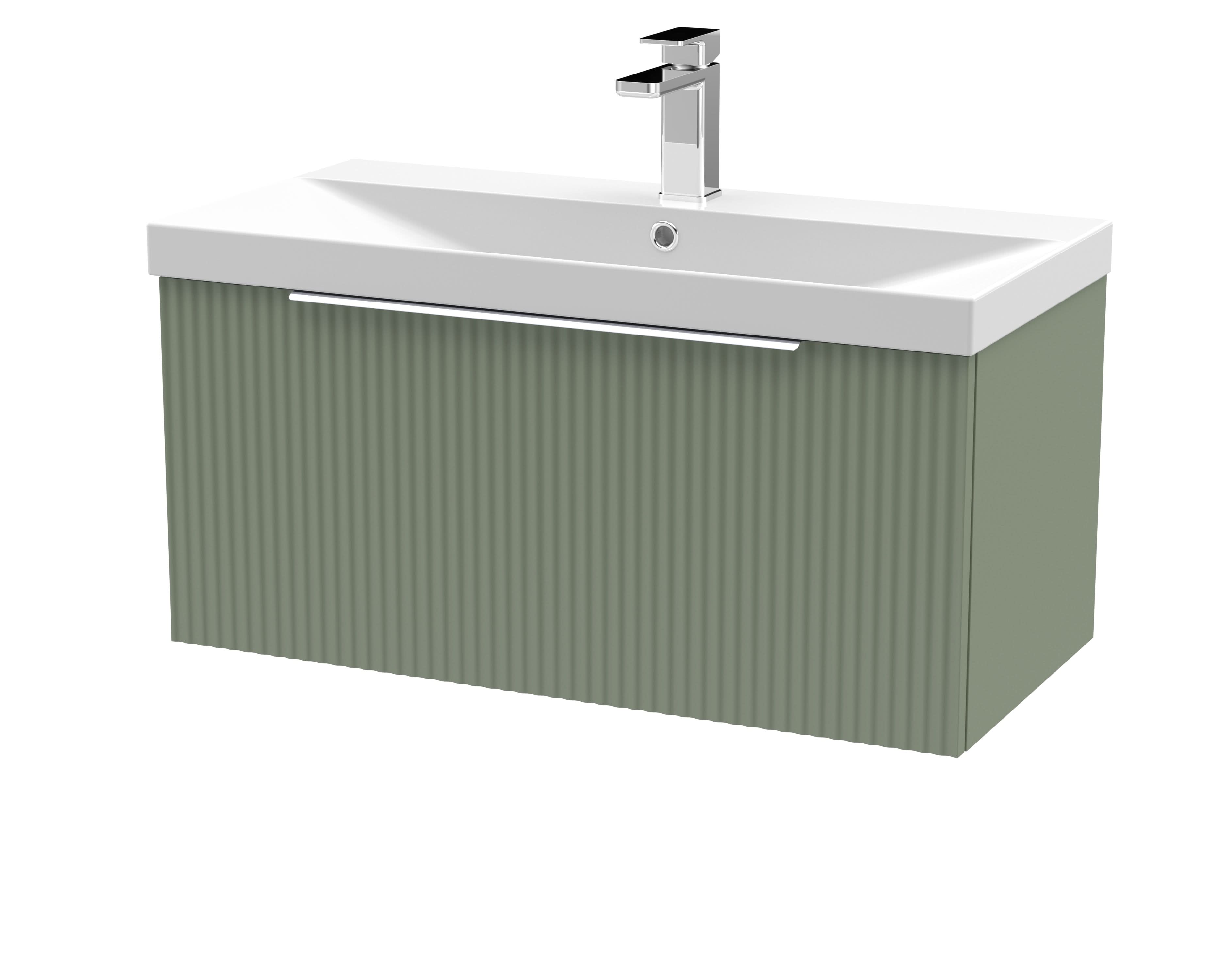 Hudson Reed Fluted Wall Hung 1-Drawer Vanity and Thin-Edge Basin, Contemporary Sink Vanity Unit, Satin Green, 800mm