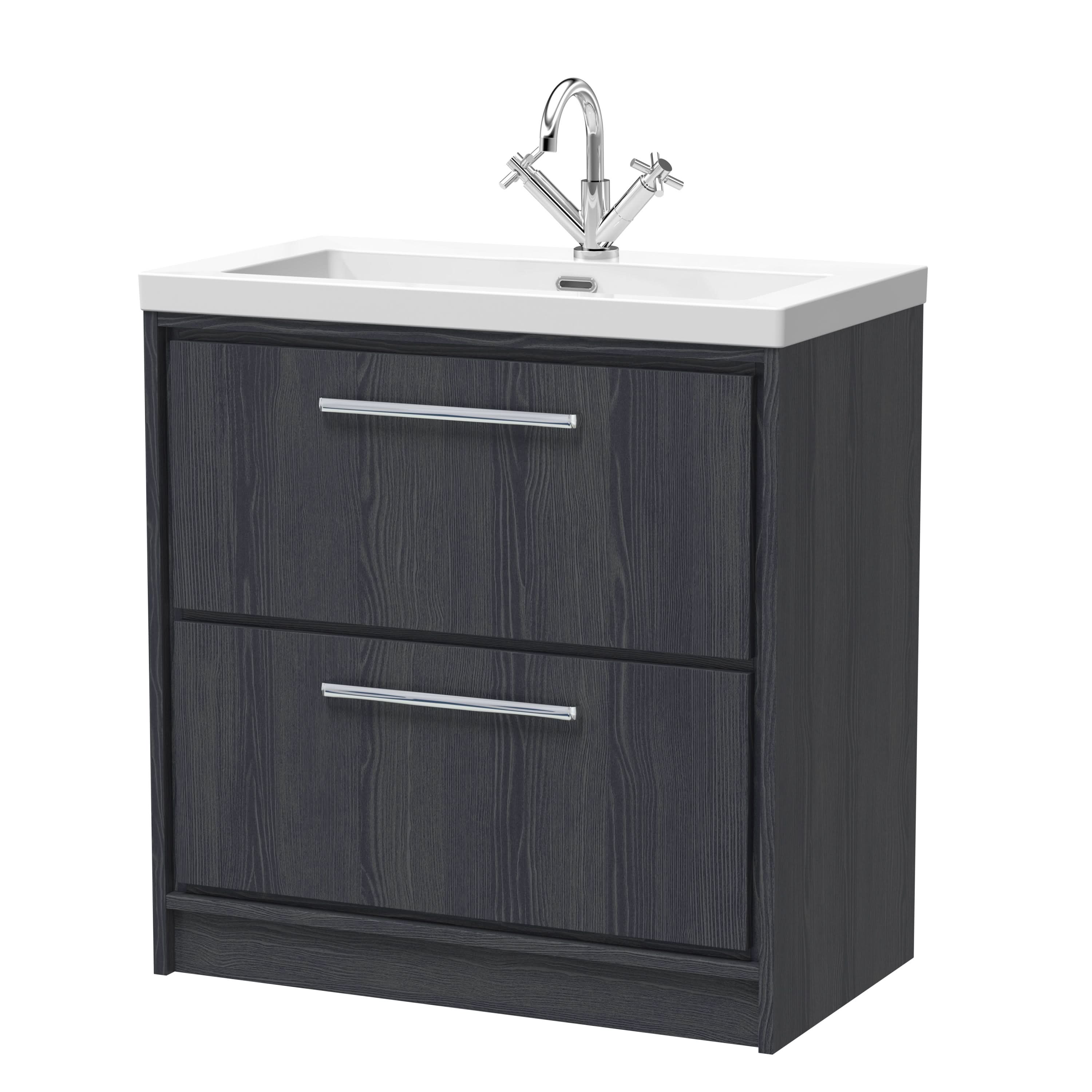 Hudson Reed Lille Floor Standing Vanity Unit with 1TH Basin, Durable Bathroom Furniture, 2-Drawer Sink Vanity Unit for Modern Bathroom Interiors, 800mm
