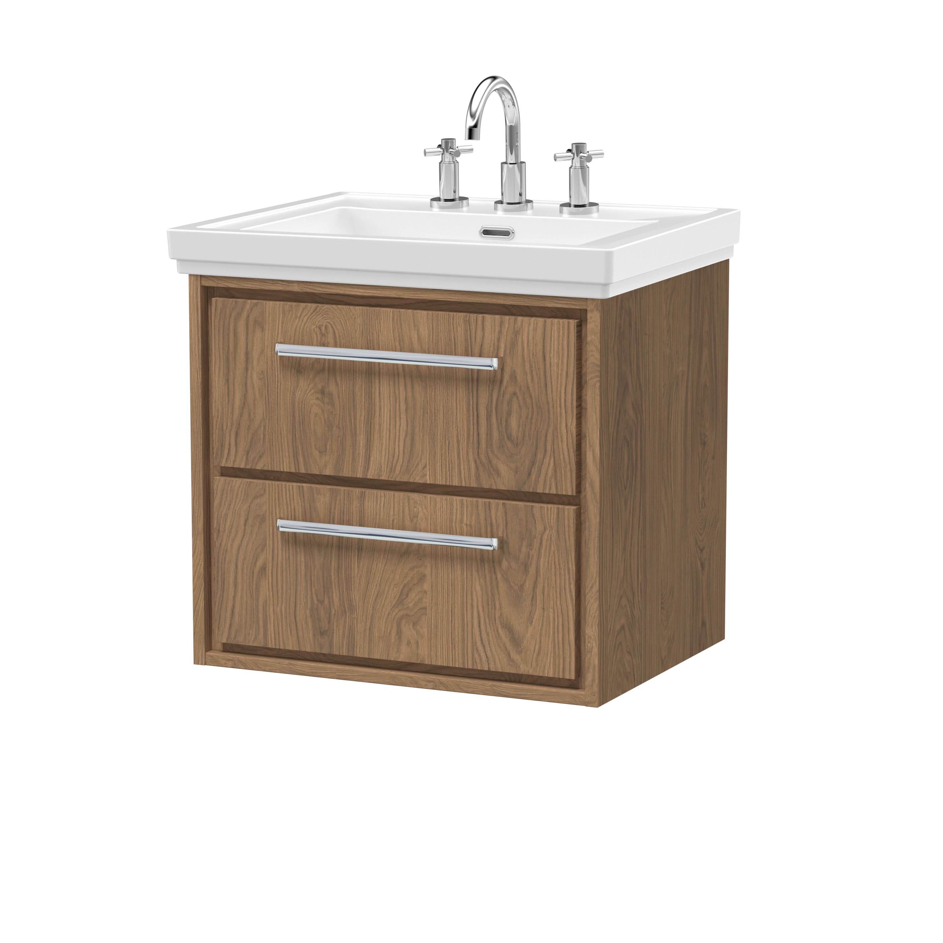Hudson Reed Lille Wall Hung Vanity Unit with Basin 3TH, Durable Bathroom Furniture, Compact Bathroom Vanity Unit, Modern Sink Vanity Unit with 2 Drawers in White, 600mm