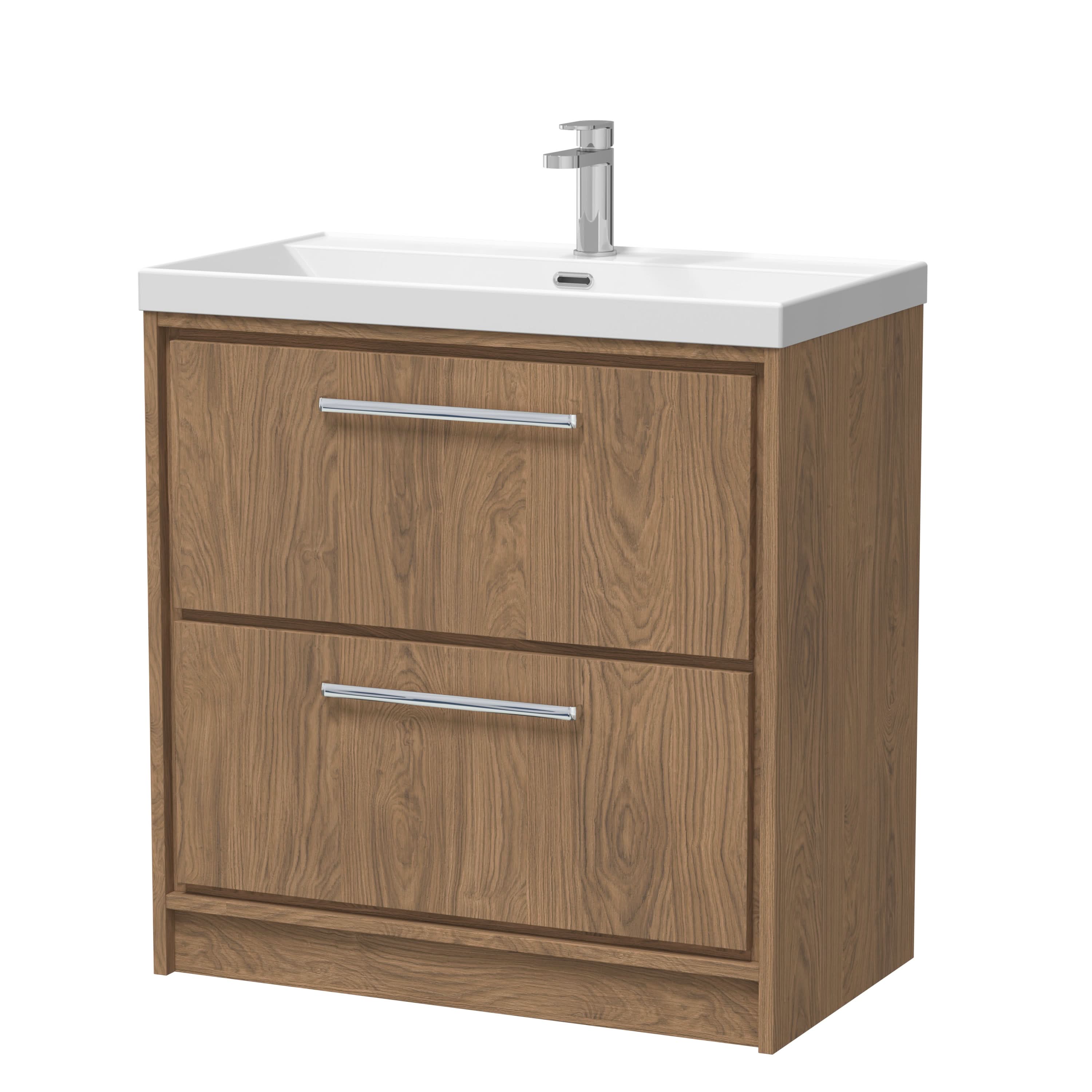 Hudson Reed Lille Floor Standing Vanity Unit with Vitreous China Basin, Sink Vanity Unit with Drawers, Stylish Vanity Unit in Bathroom in Antique Oak, 810mm