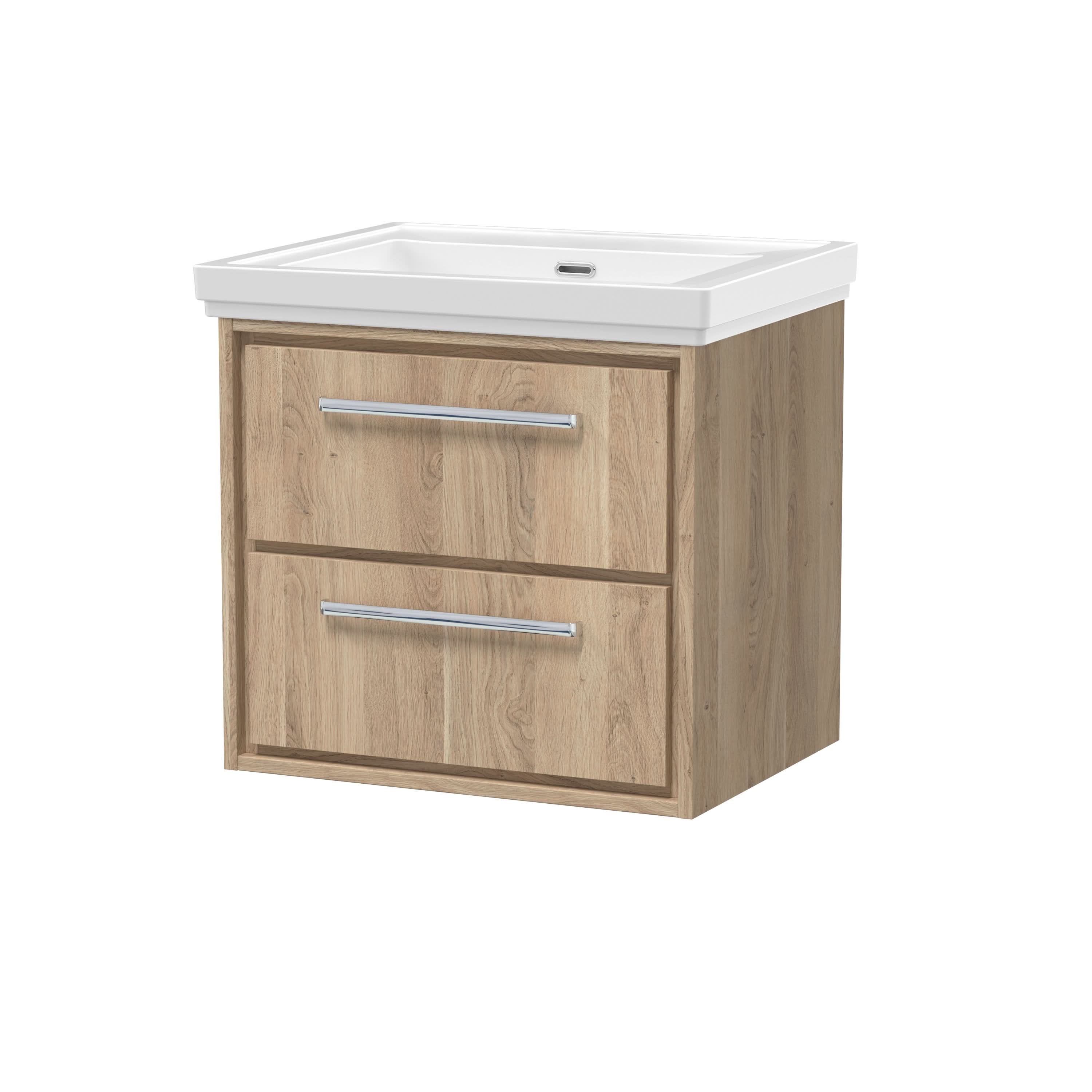 Hudson Reed Lille Wall Hung Vanity Unit with 2 Drawers and Fireclay Basin, Durable Bathroom Furniture, Bleached Oak, Contemporary Sink Vanity Unit, 600mm