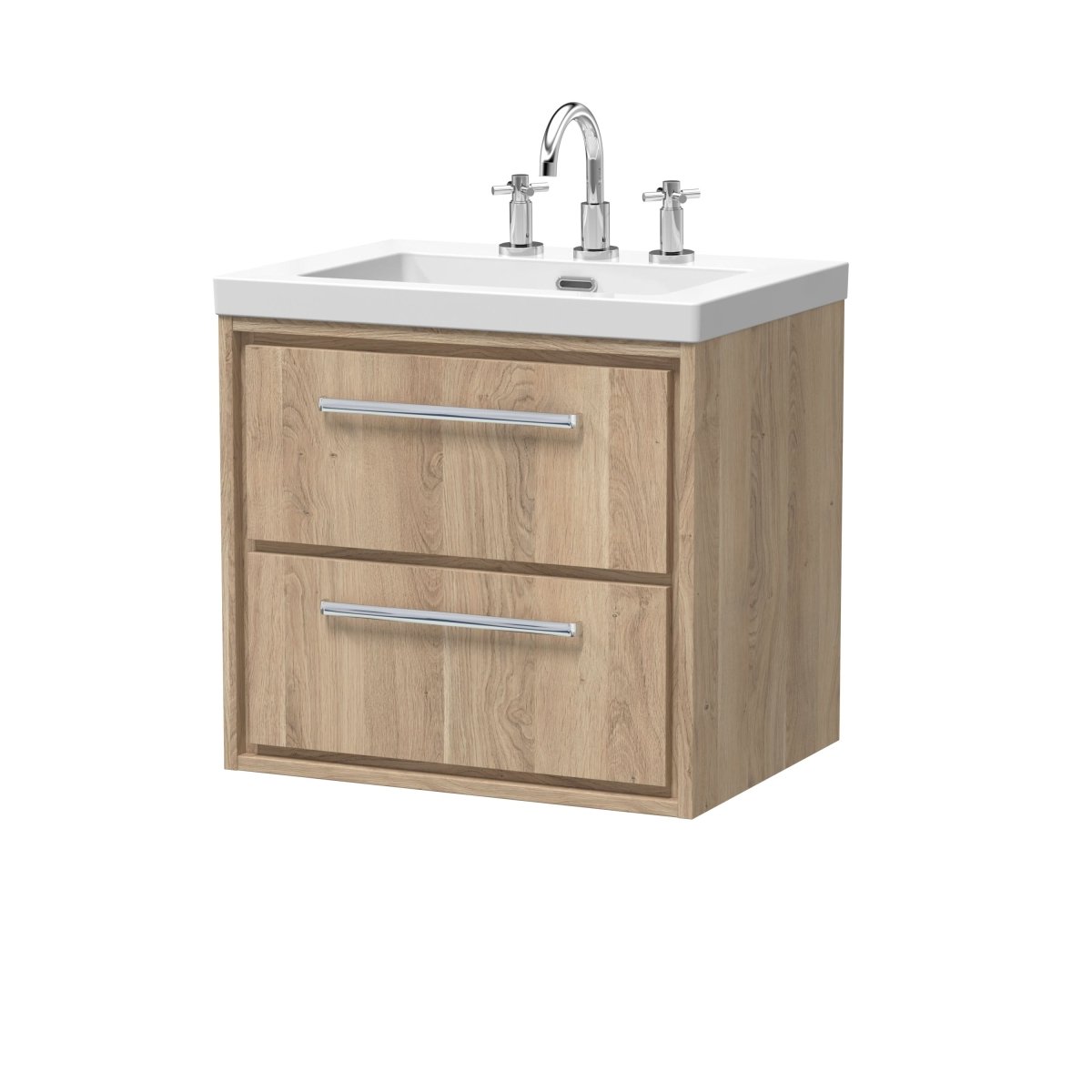 Hudson Reed Lille 600mm Wall Hung Vanity Unit with 2 Soft Close Drawers and 3TH Fireclay Basin, Modern Bathroom Vanity Unit with Basin in Bleached Oak, 600mm