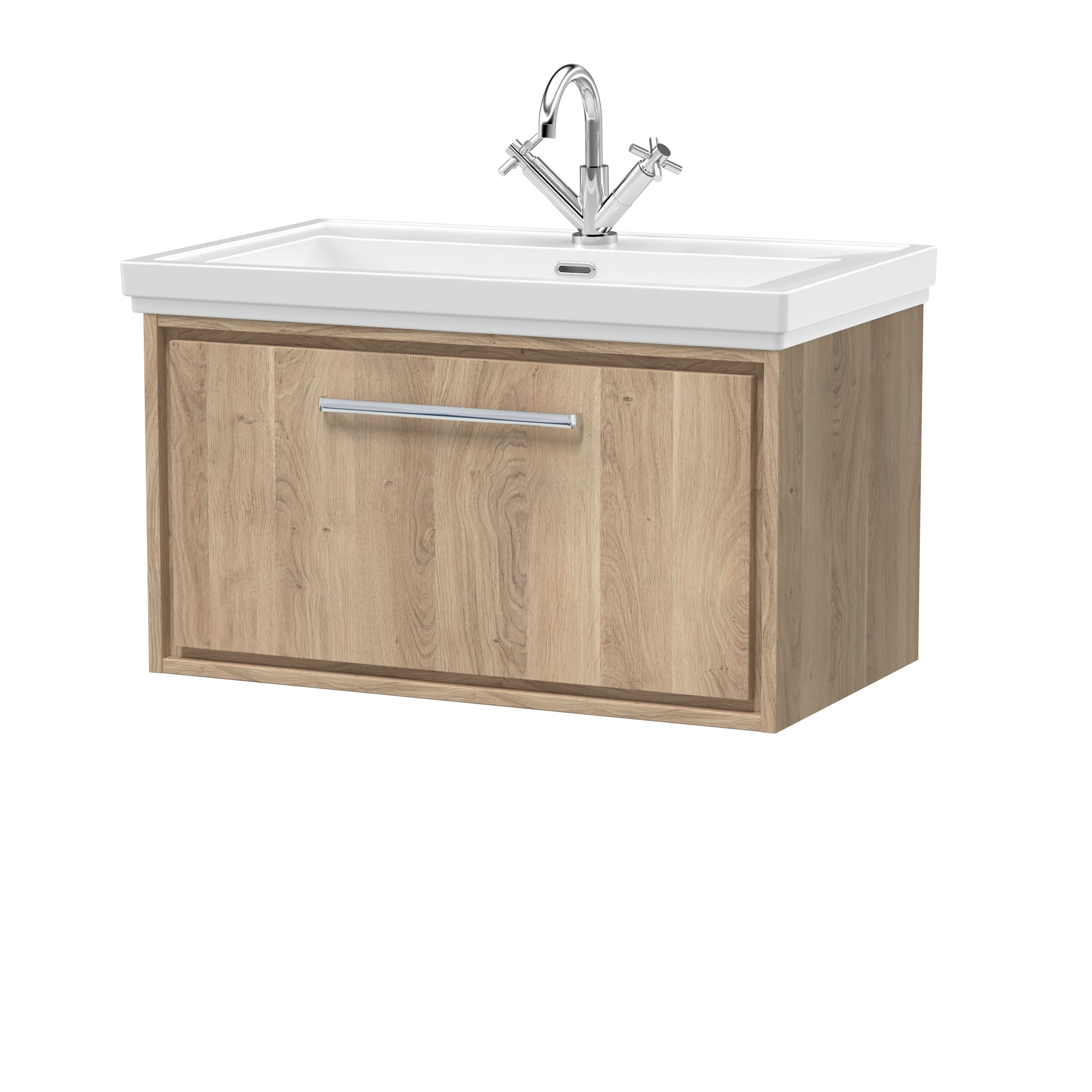 Hudson Reed Lille Wall Hung Vanity Unit with Basin 1TH, Modern Sink Vanity Unit with Soft Close Drawer, Bathroom Vanity Unit in Textured Woodgrain Bleached Oak, 800mm