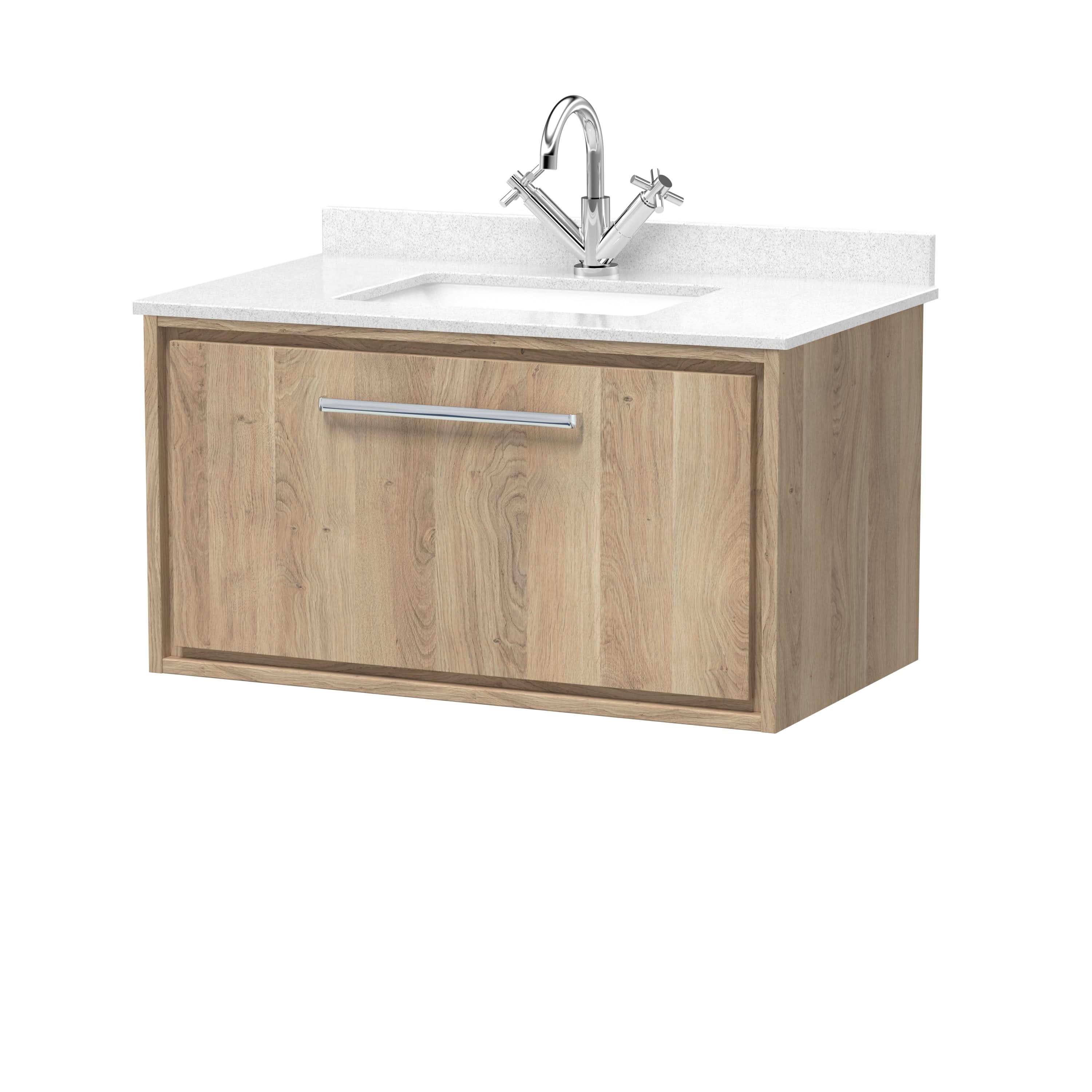 Hudson Reed Lille Wall Hung Vanity Unit with Marble Worktop & 1TH Underslung Basin, Wall Hung Vanity Unit with Basin for Modern Bathroom Interiors in Bleached Oak, 800mm