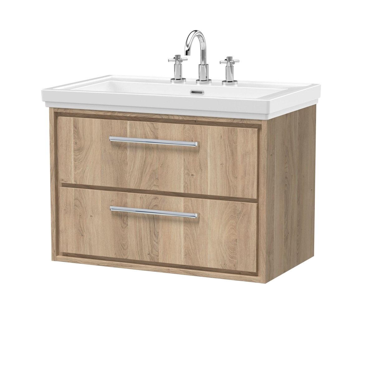Hudson Reed Lille Wall Hung Vanity Unit with 2 Soft-Close Drawers and Fireclay Basin 3 Tap Hole, Wall Hung Vanity Units, Bathroom Vanity Unit in Bleached Oak, 800mm