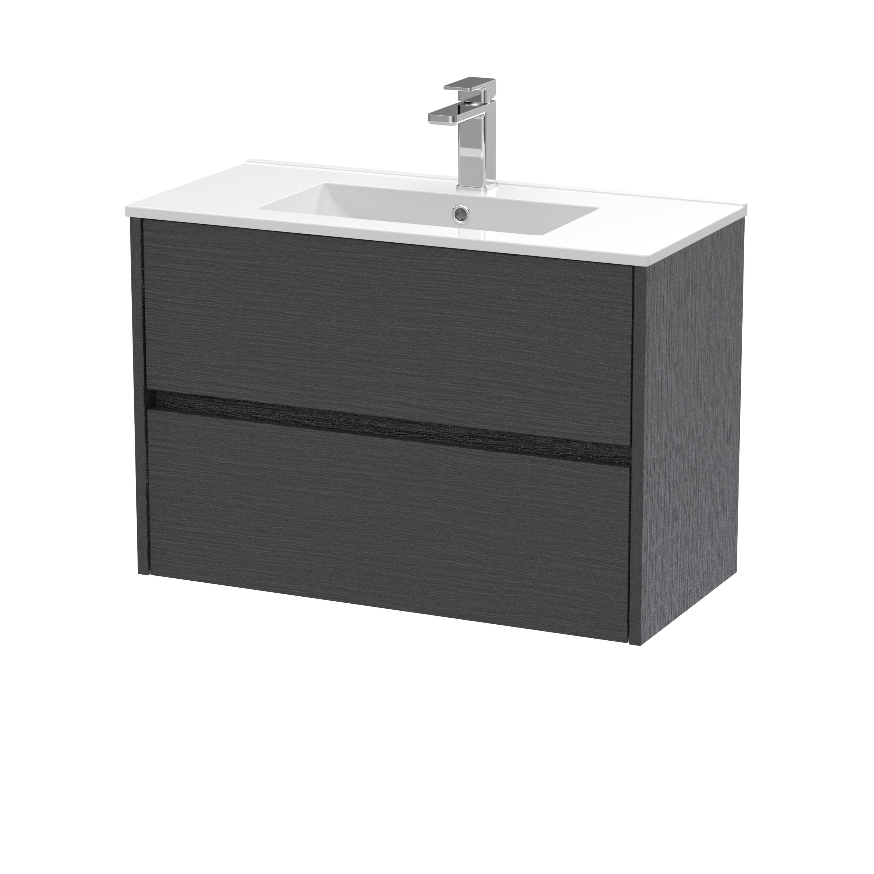 Nuie Havana Wall Hung 2 Drawer Vanity Basin Unit & Minimalist Ceramic Basin, Modern Sink Vanity Unit in Graphite Grey with White Basin, 800mm