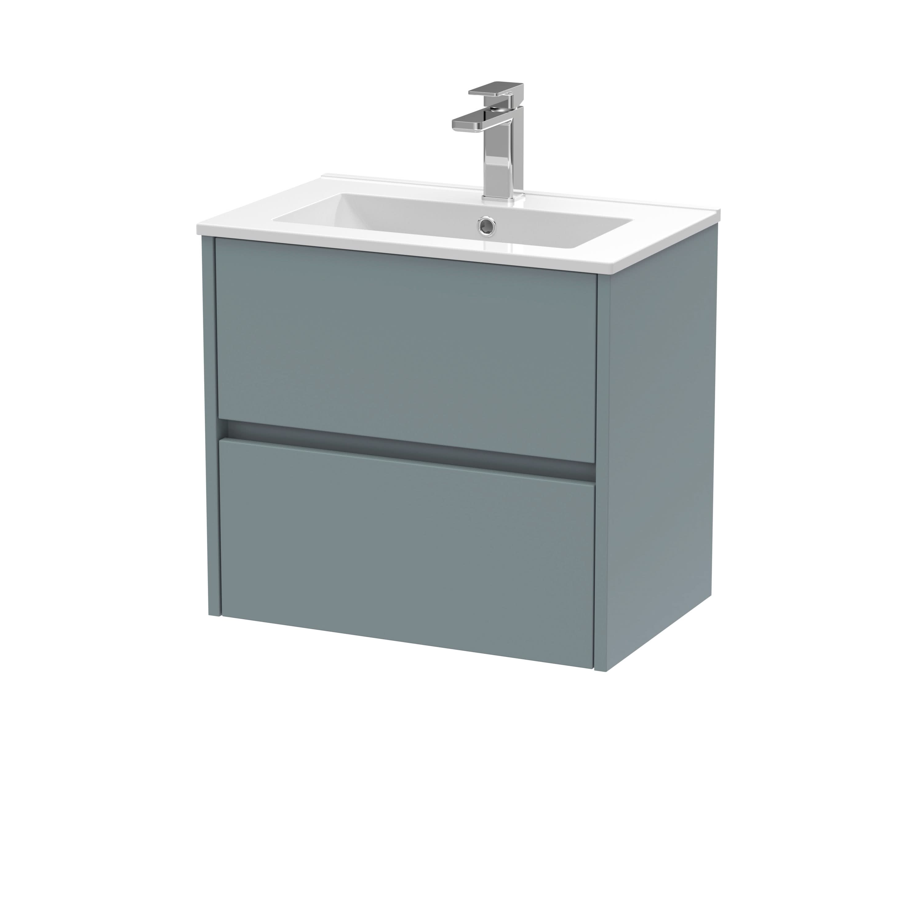 Nuie Havana Wall Hung 2 Drawer Vanity Basin Unit & Minimalist Ceramic Basin, Modern Sink Vanity Unit in Coastal Grey with White Basin, 600mm