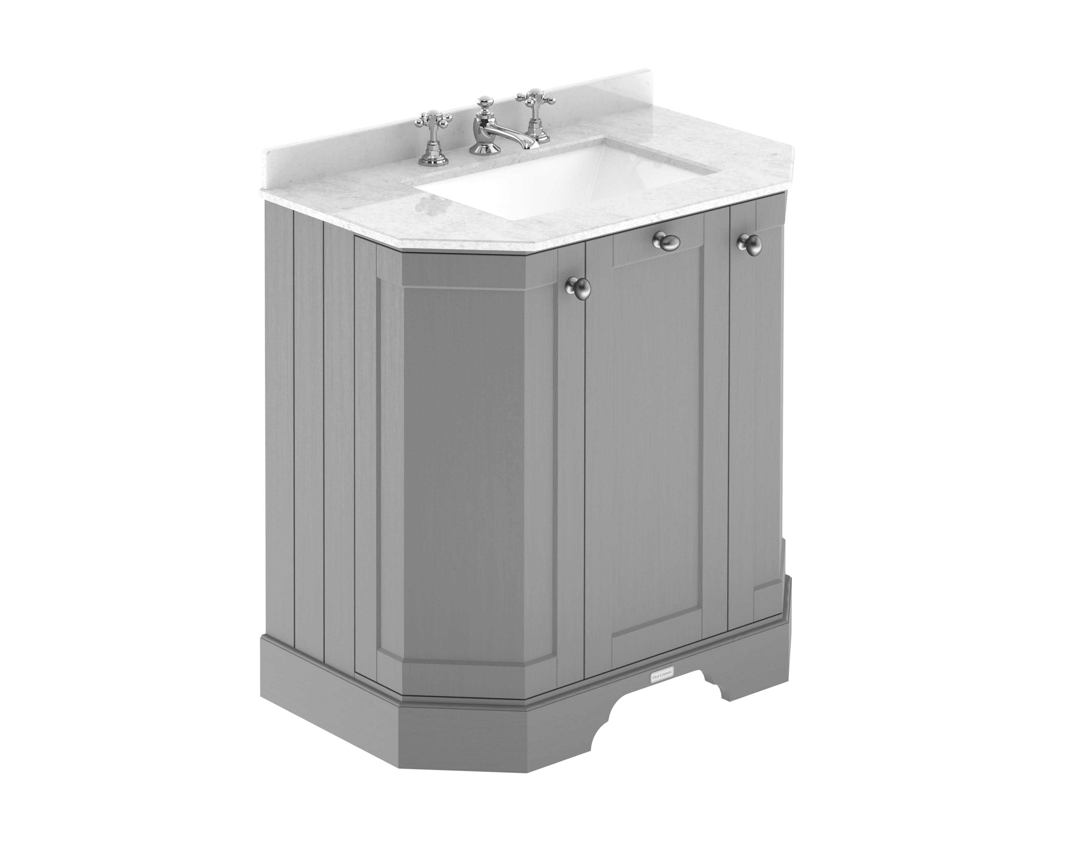 Old London Floor Standing 3 Door Vanity Unit with White Marble Top & 3 Tap Hole Basin, Traditional Bathroom Vanity Unit with Basin & Ample Storage in Storm Grey, 750mm