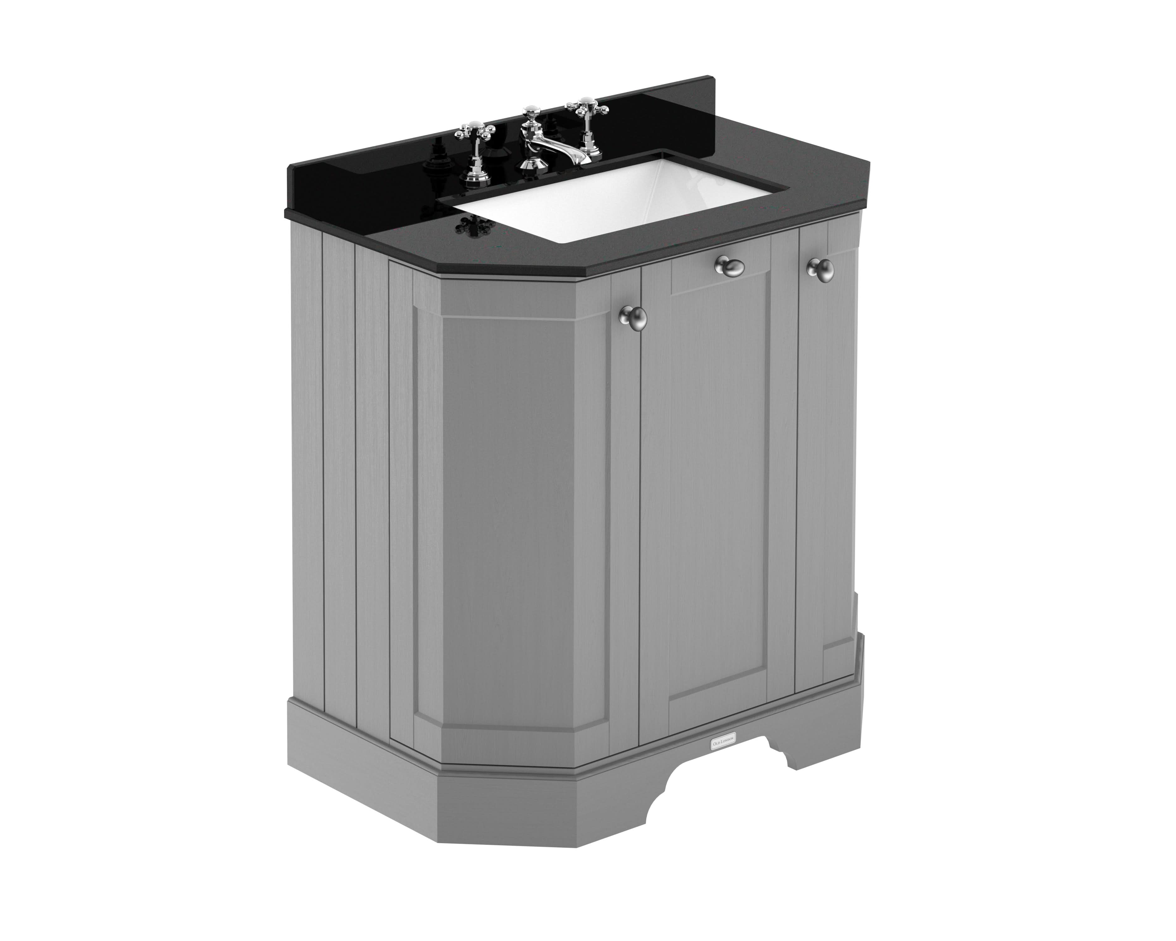 Old London Floor Standing Vanity Unit with 3 Door Storage, Black Marble Top Basin 3 Tap Hole Traditional Sink Vanity Unit for Bathroom in Storm Grey, 750mm