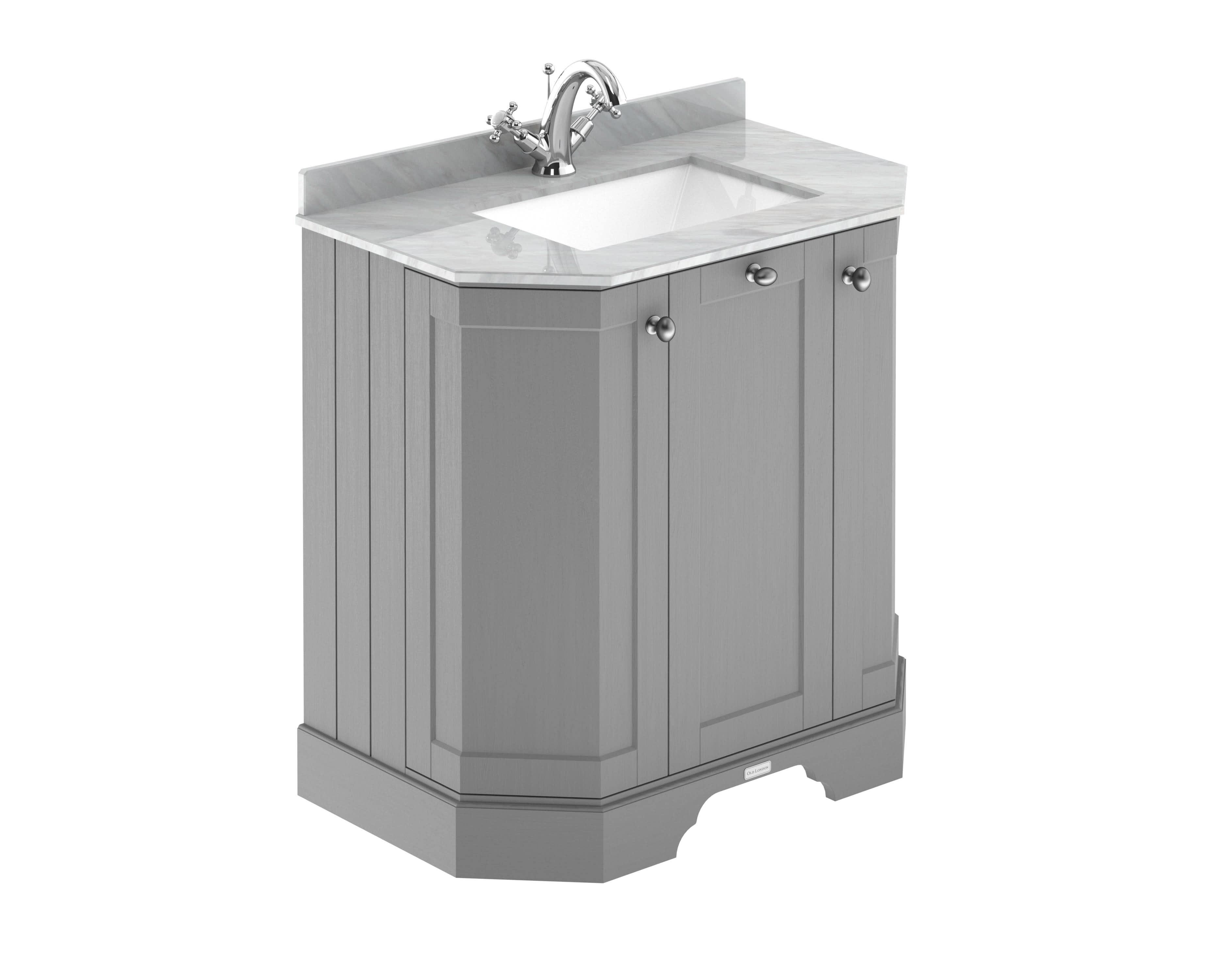 Old London Floor Standing 3 Door Vanity Unit with 1 Tap Hole Grey Marble Top, Traditional Sink Vanity Unit for Bathroom with Angled Design in Storm Grey, 750mm