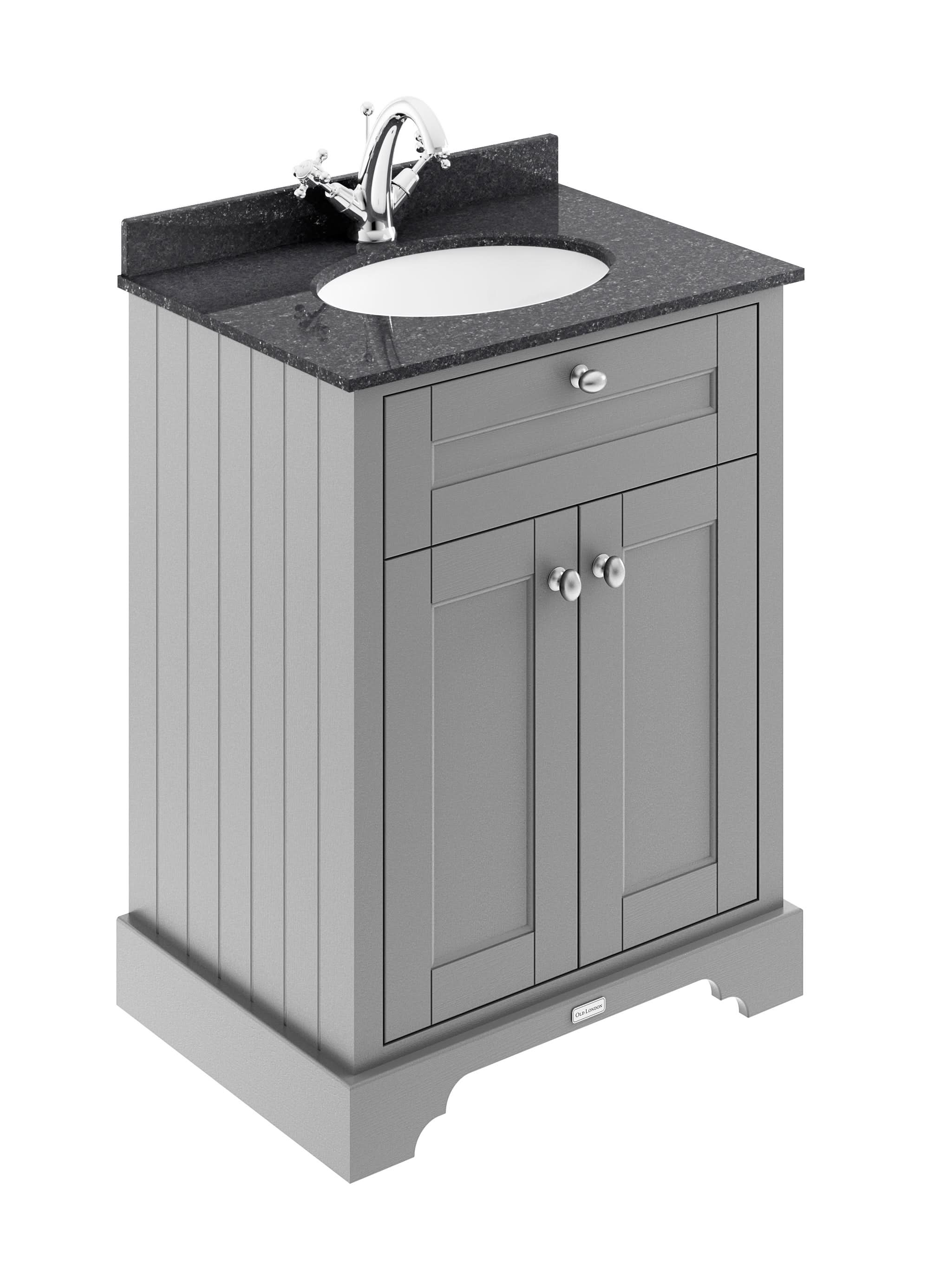 Old London Floor Standing Vanity Unit with 2 Doors & 1TH Black Marble Basin Top, Sink Vanity Unit for Bathroom, Traditional Bathroom Vanity Units in Storm Grey, 600mm