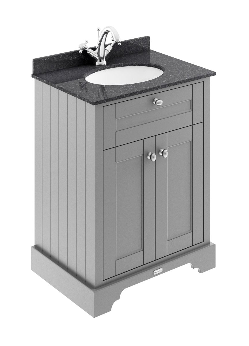 Old London Floor Standing Vanity Unit with 2 Doors & 1TH Black Marble Basin Top, Sink Vanity Unit for Bathroom, Traditional Bathroom Vanity Units in Storm Grey, 600mm