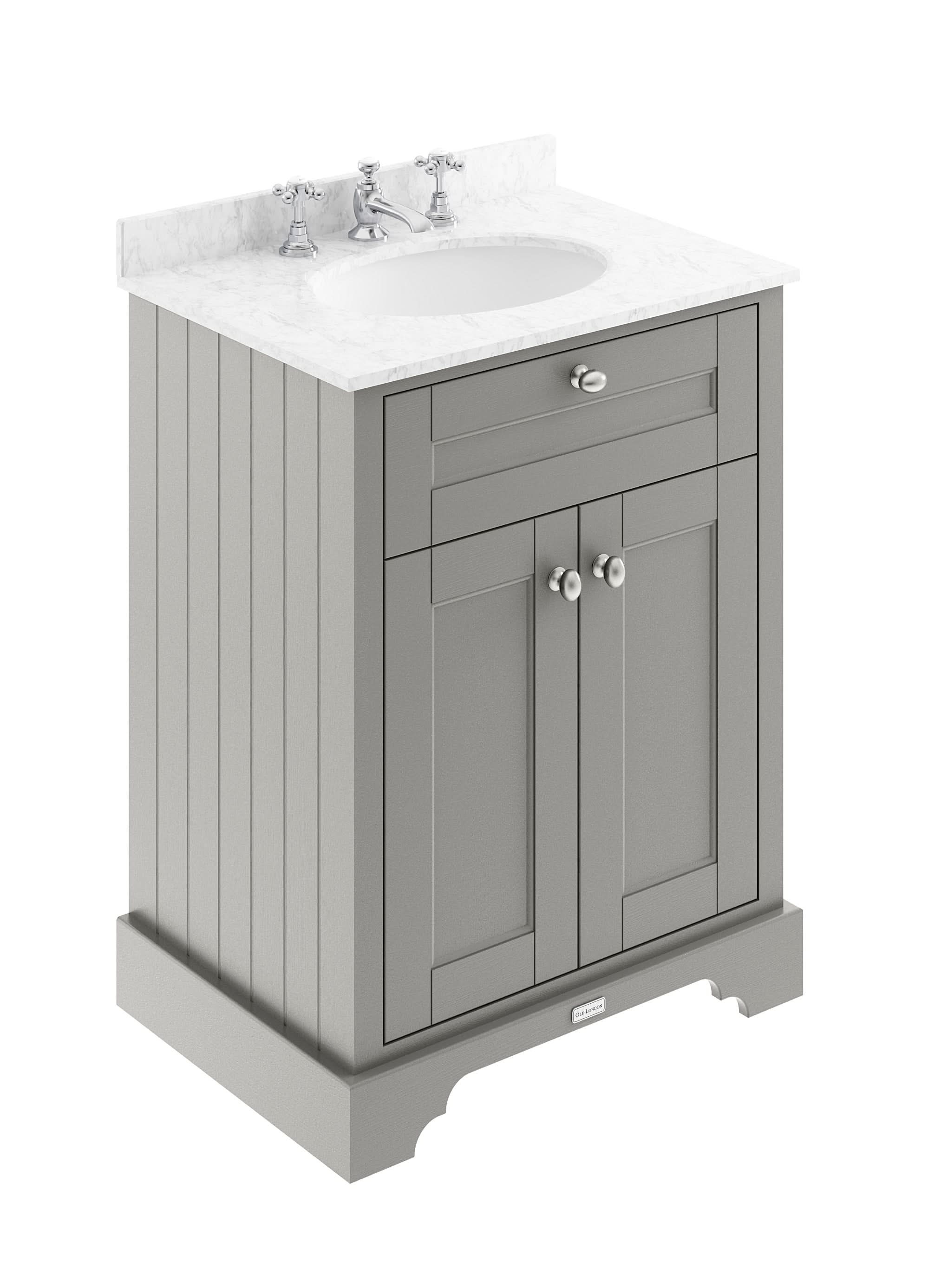 Old London Floor Standing Vanity Unit with Grey Marble Basin Top, 2 Door Sink Vanity Unit with 3 Tap Hole, Traditional Bathroom Furniture Cabinet in Storm Grey, 600mm