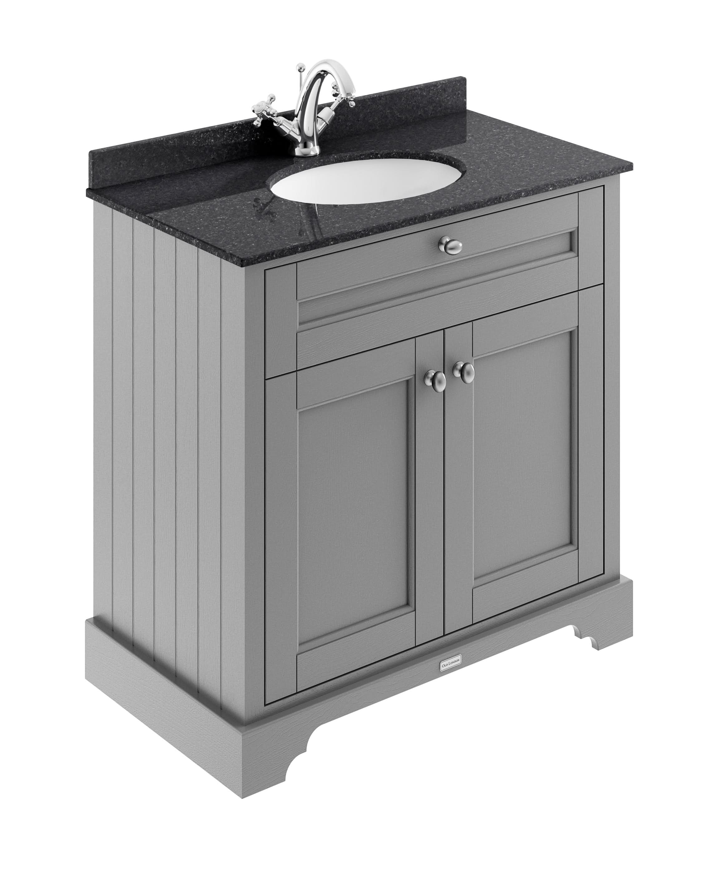 Old London Floor Standing Vanity Unit with 2 Doors & Black Marble Basin Top, 1 Tap Hole Traditional Bathroom Vanity Unit with Basin in Storm Grey, 800mm