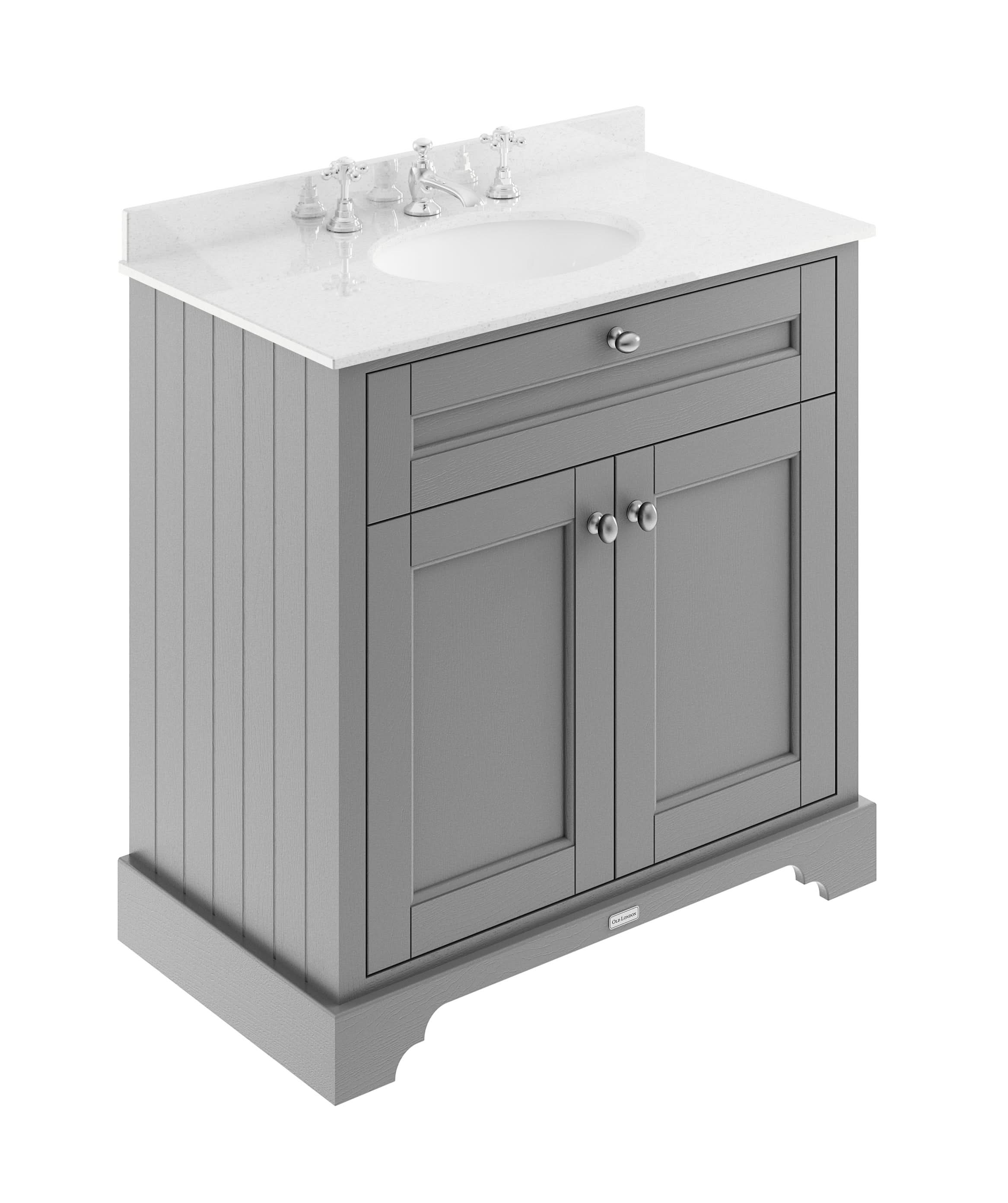 Old London Floor Standing Vanity Unit with Basin, 2 Door Cabinet, 3 Tap Hole White Marble Top, Traditional Bathroom Vanity Unit with Soft Close Doors in Storm Grey, 800mm