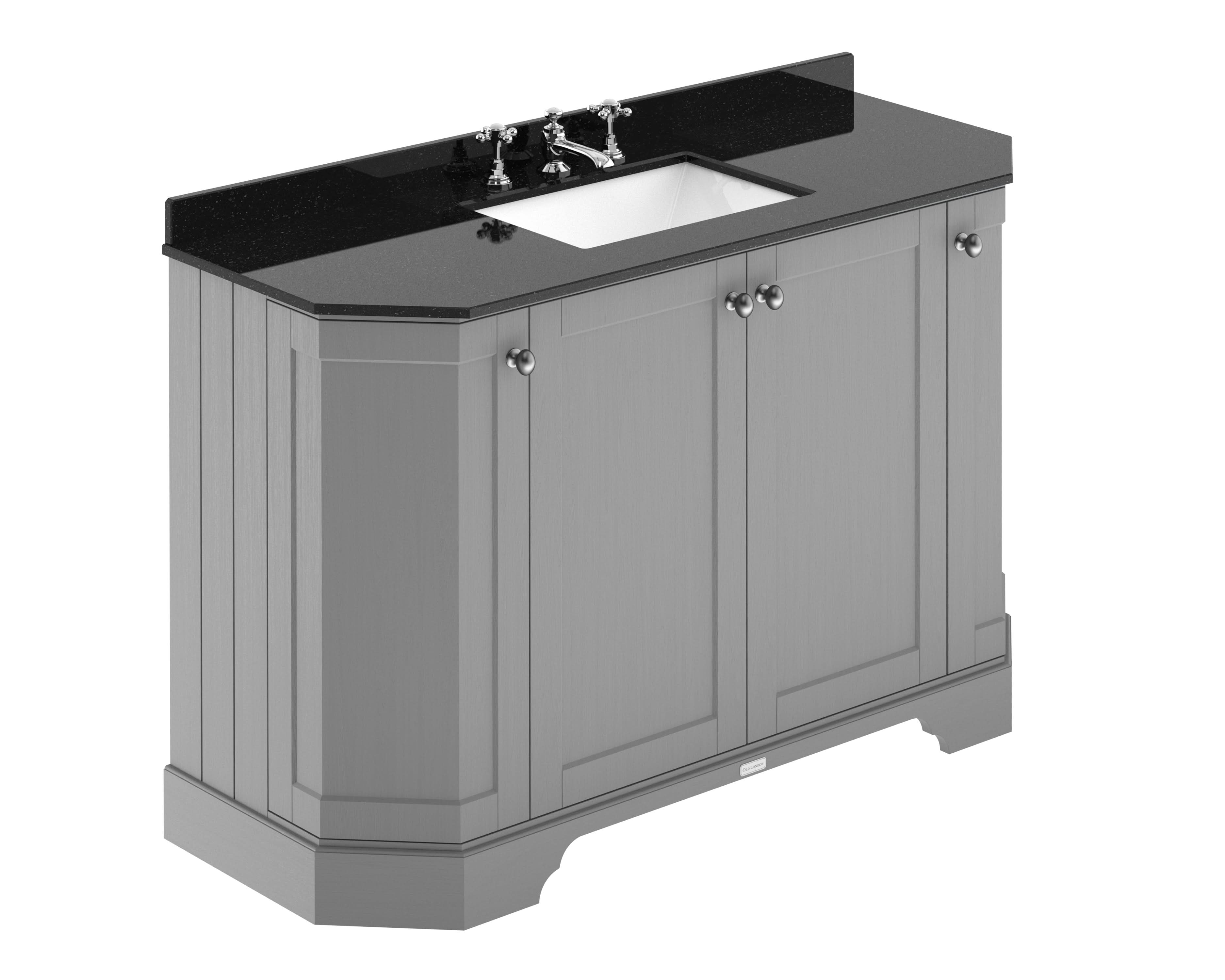 Old London Floor Standing 4 Door Vanity Unit with Basin, Black Marble Top, Angled Design, Traditional Bathroom Sink Vanity Unit with Storage in Storm Grey Finish, 1200mm