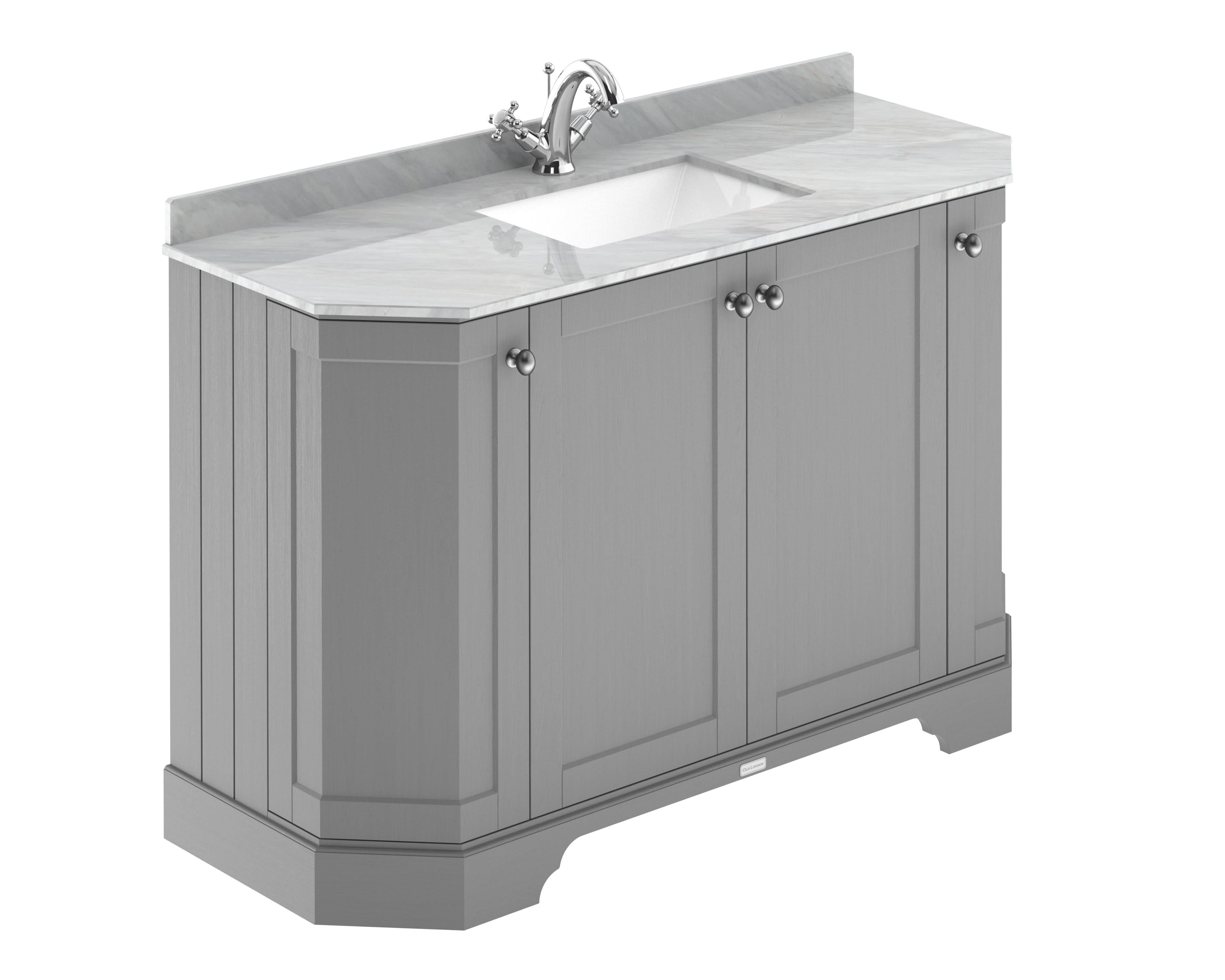 Old London Floor Standing Vanity Unit with Basin, 4 Door Angled Sink Cabinet, Grey Marble Top, 1 Tap Hole, Bathroom Vanity Unit with Storage in Storm Grey Finish, 1200mm