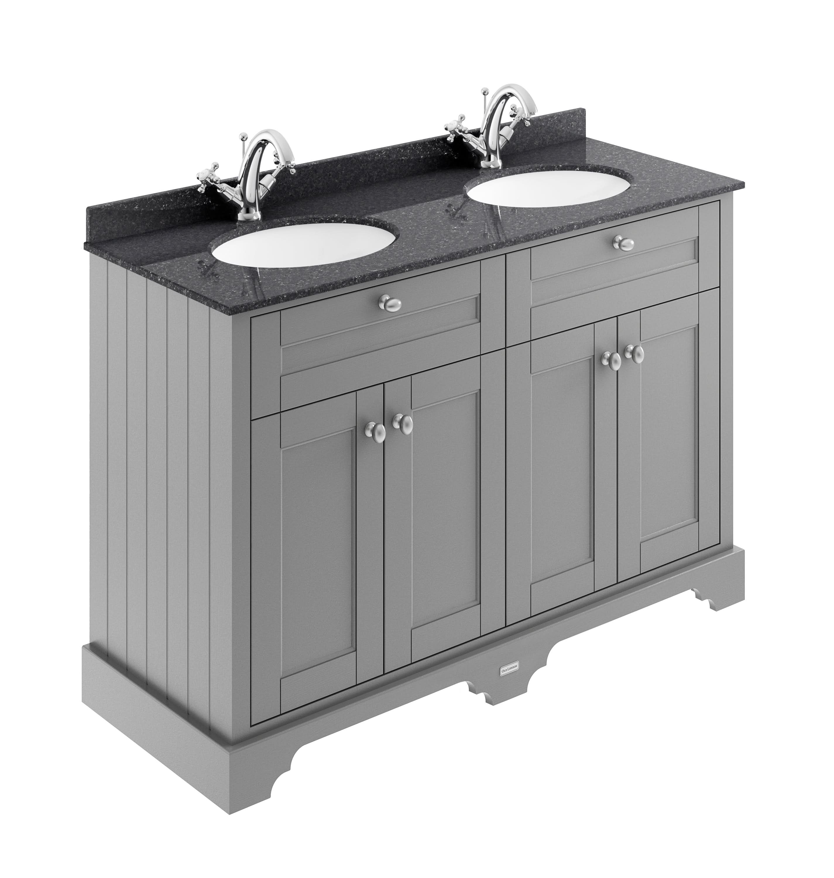 Old London Floor Standing 4 Door Vanity Unit with Double Black Marble Basin 1 Tap Hole, Traditional Sink Vanity Unit, Bathroom Vanity Units in Storm Grey, 1200mm