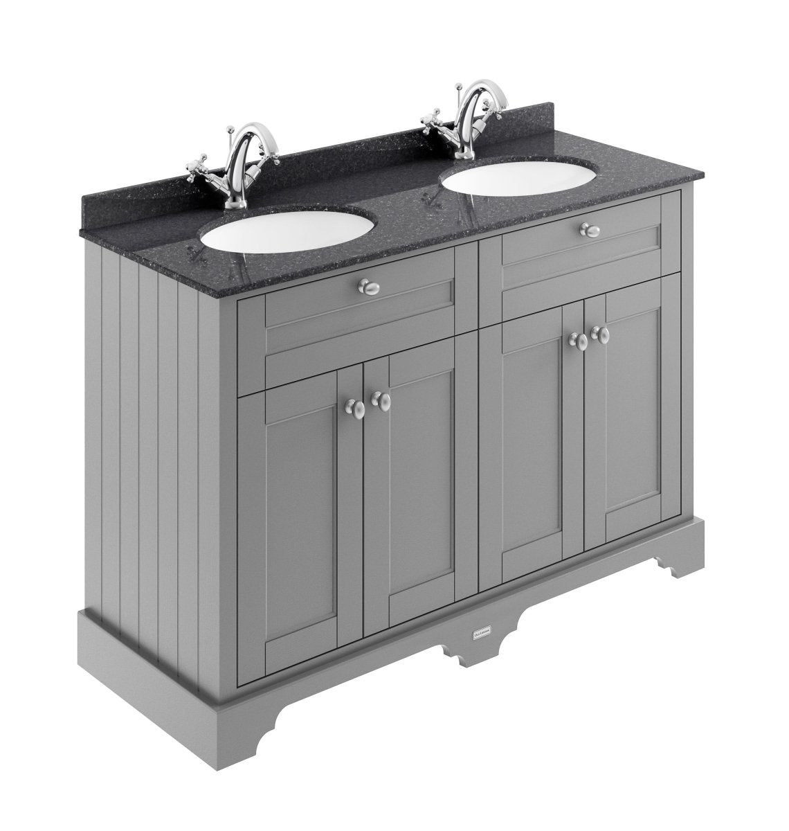 Old London Floor Standing 4 Door Vanity Unit with Double Black Marble Basin 1 Tap Hole, Traditional Sink Vanity Unit, Bathroom Vanity Units in Storm Grey, 1200mm