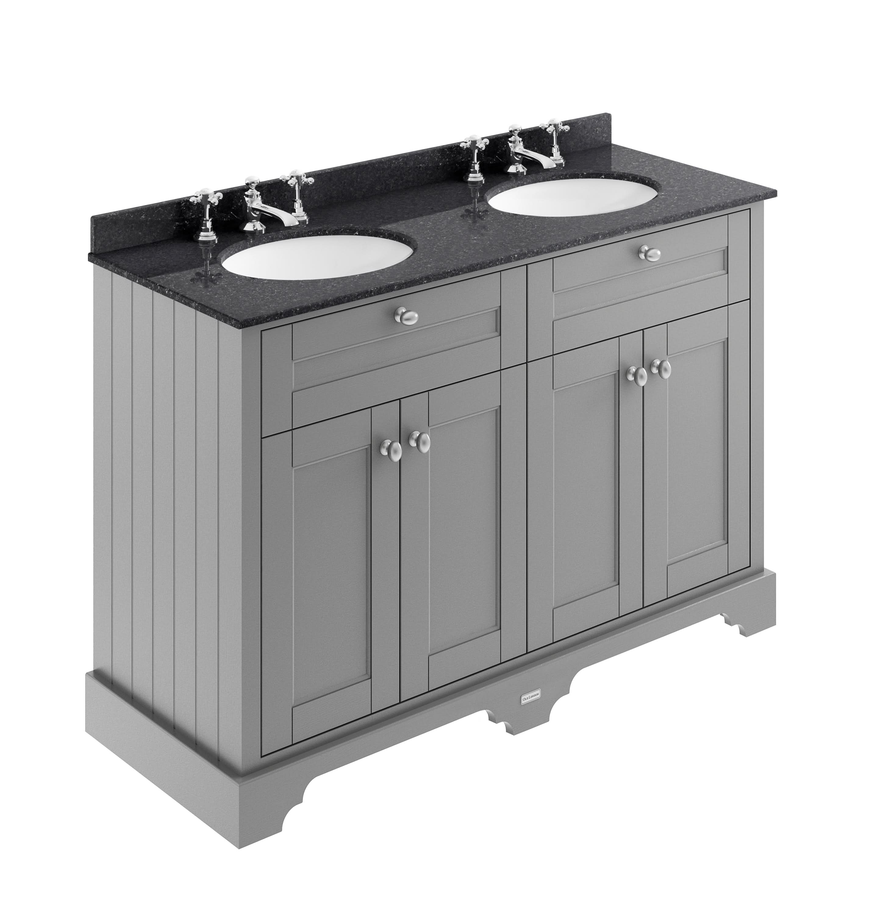 Old London Floor Standing Vanity Unit with 4 Doors & 3 Tap Hole Double Black Marble Basin, Sink Vanity Unit for Bathroom Storage & Traditional Style in Storm Grey, 1200mm