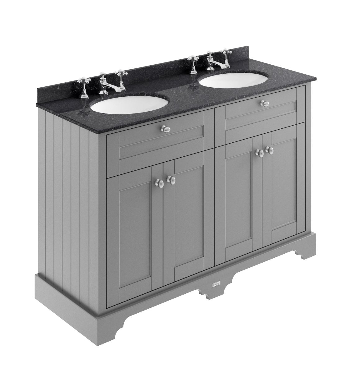 Old London Floor Standing Vanity Unit with 4 Doors & 3 Tap Hole Double Black Marble Basin, Sink Vanity Unit for Bathroom Storage & Traditional Style in Storm Grey, 1200mm